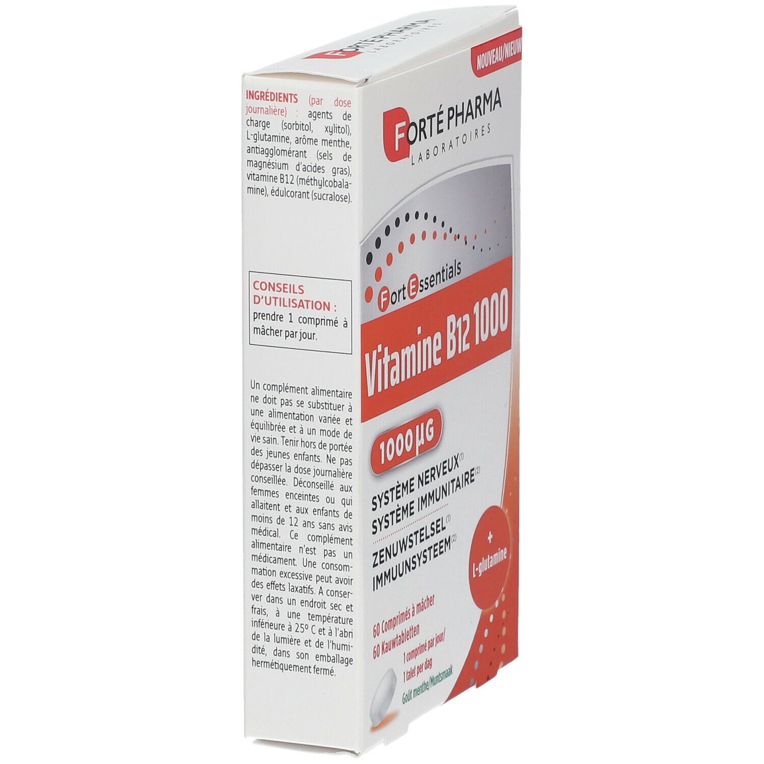 Verpackung von FORTÉ PHARMA Vitamin B12 1000. Seitenansicht. Enthält 60 Tabletten. Aufschrift: Vitamine B12 1000, 1000 µg.