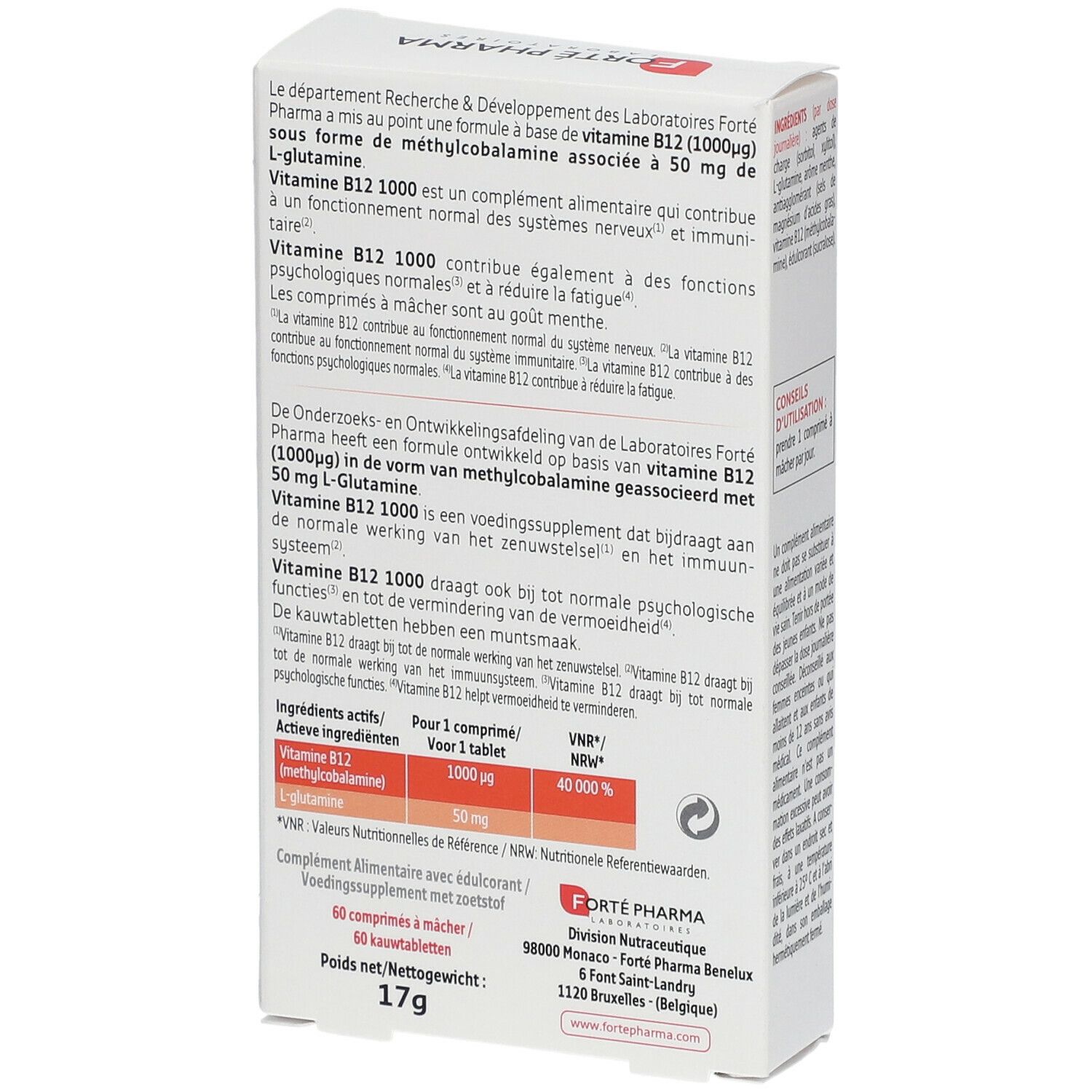 Rückseite der Verpackung von FORTÉ PHARMA Vitamin B12 1000. Text in mehreren Sprachen. Enthält 60 Tabletten.