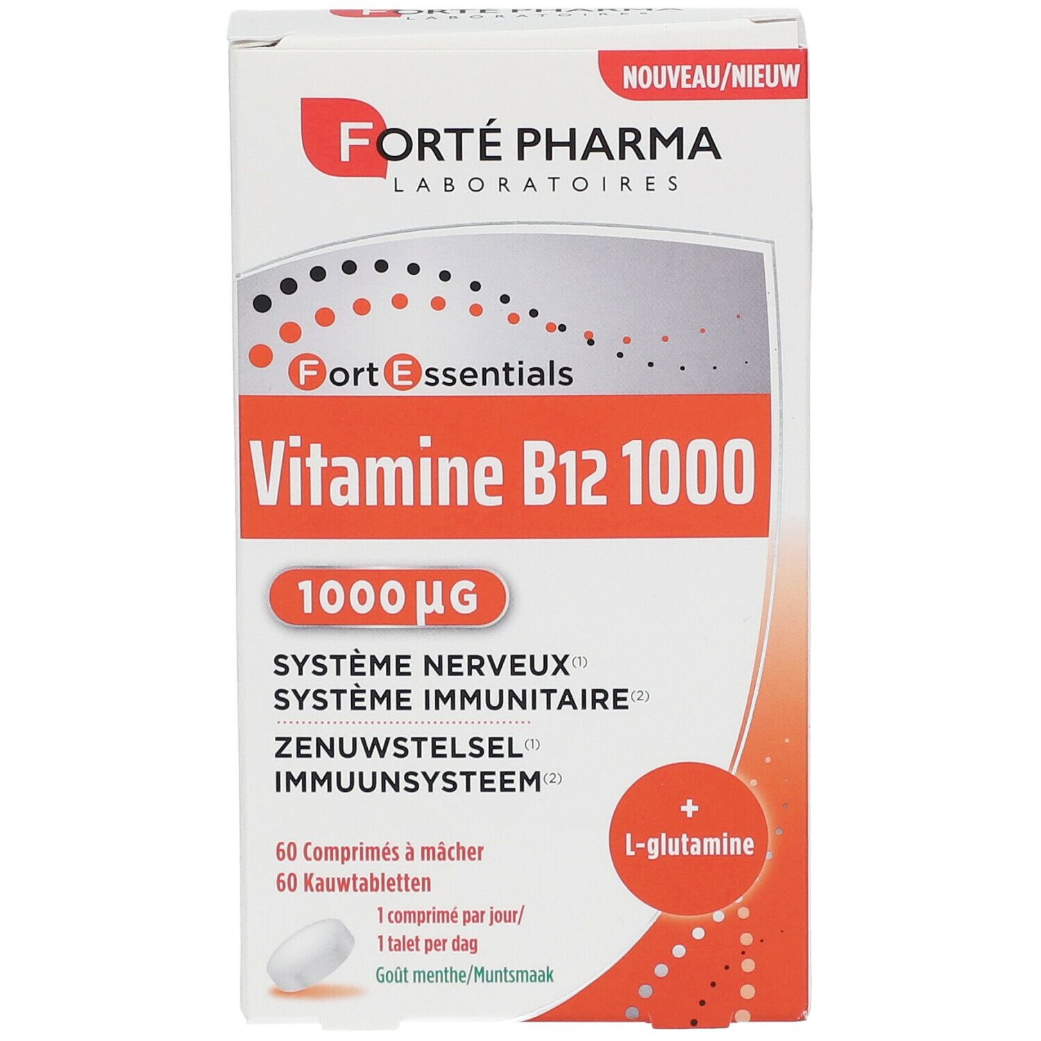 Verpackung von FORTÉ PHARMA Vitamin B12 1000. Enthält 60 Tabletten. Aufschrift: Vitamine B12 1000, 1000 µg.