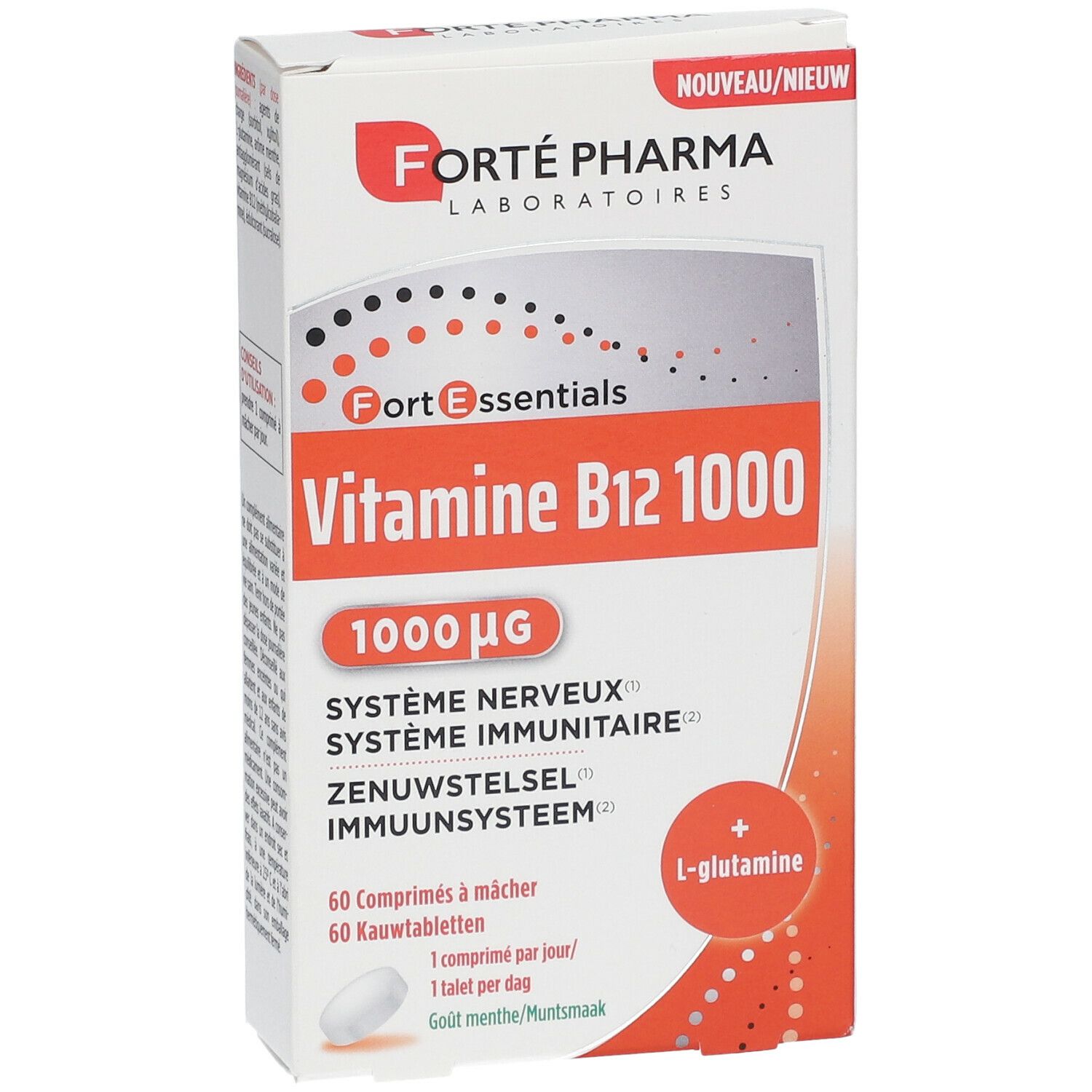 Verpackung von FORTÉ PHARMA Vitamin B12 1000. Enthält 60 Tabletten. Aufschrift: Vitamine B12 1000, 1000 µg.