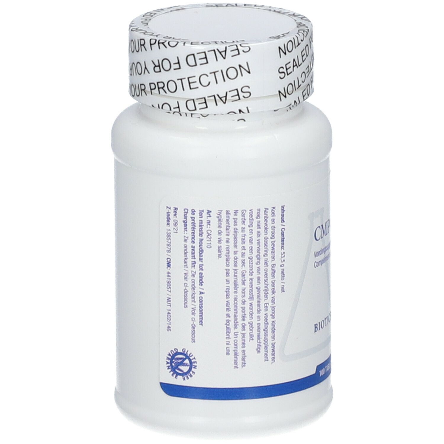 Weiße Flasche mit CMP-Minerals. Aufschrift und Informationen auf Etikett. Verschluss mit Aufdruck 'SEALED FOR YOUR PROTECTION'.