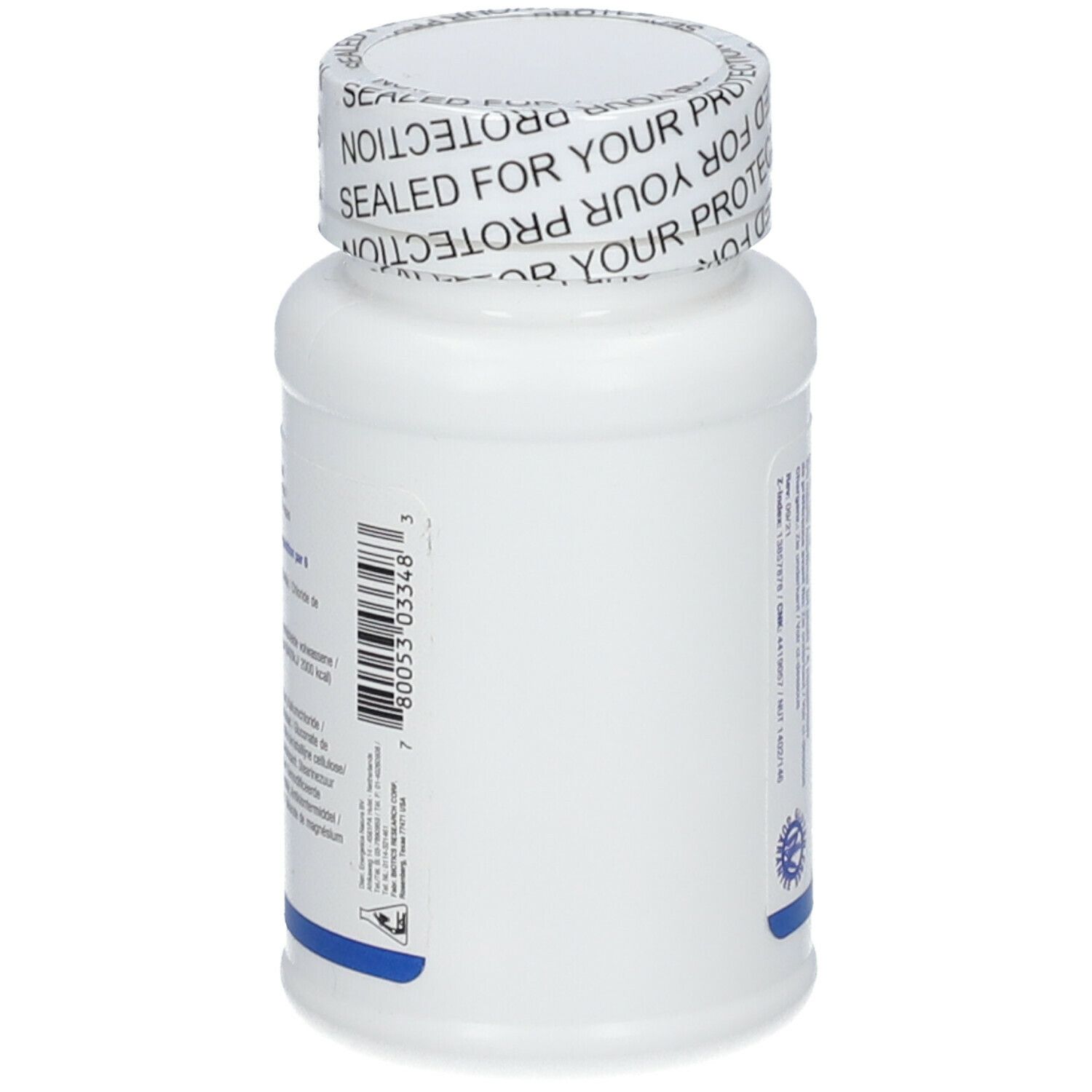 Weiße Flasche mit CMP-Minerals. Aufkleber mit Barcode und Informationen. Verschluss mit Aufdruck 'SEALED FOR YOUR PROTECTION'.