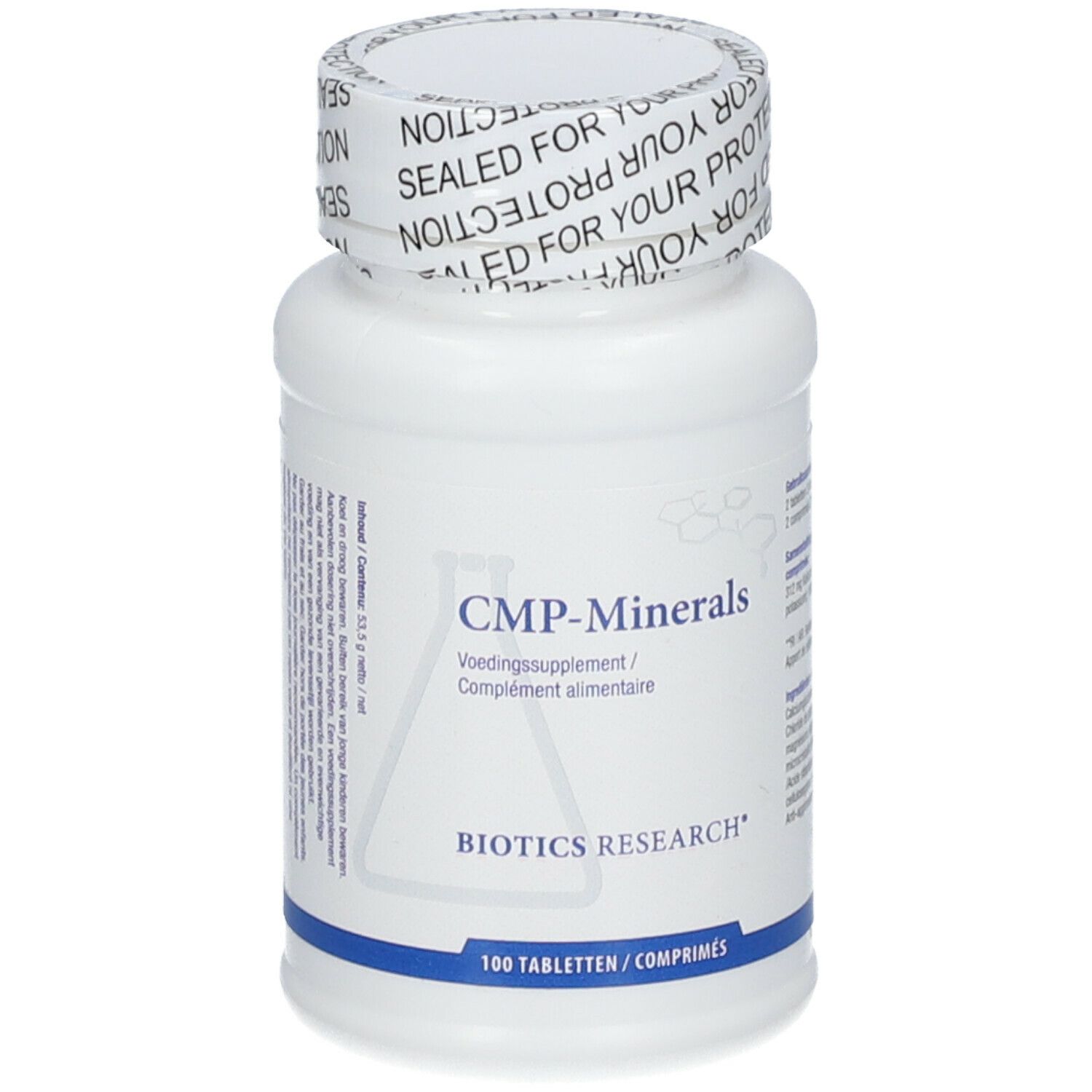 Weiße Flasche mit CMP-Minerals-Tabletten. Aufschrift: BIOTICS RESEARCH®. 100 Tabletten. Verschluss mit Aufdruck 'SEALED FOR YOUR PROTECTION'.