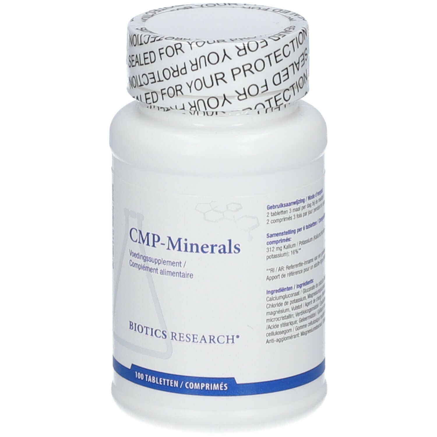 Weiße Flasche mit CMP-Minerals-Tabletten. Aufschrift: BIOTICS RESEARCH®. 100 Tabletten. Verschluss mit Aufdruck 'SEALED FOR YOUR PROTECTION'.