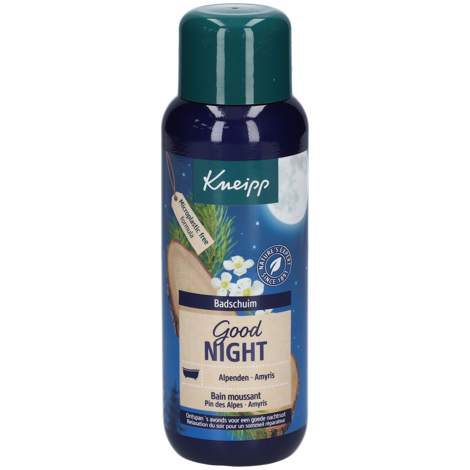 Blauwe fles met groene dop. Opschrift Kneipp, Good Night, Schuimbad. Illustraties van maan, boomstam en bloemen.