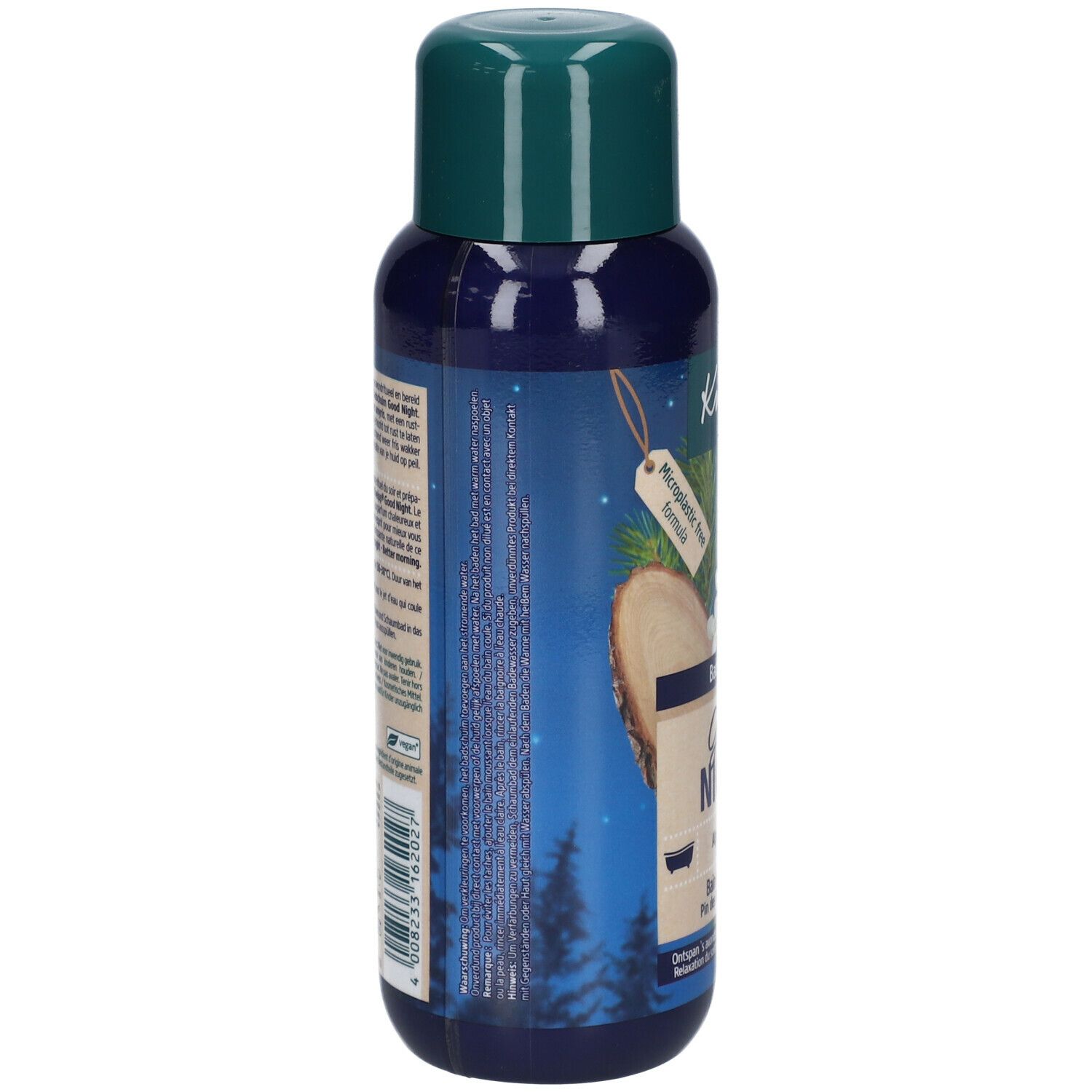 Blauwe fles met groene dop. Achterkant met tekst en barcode. Illustraties van bomen en sterren.