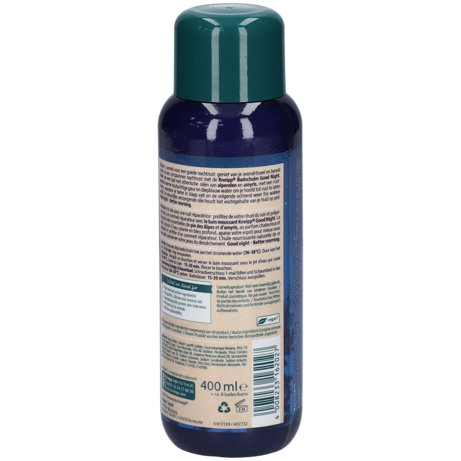 Blauwe fles met groene dop. Achterkant met tekst, barcode en volume-aanduiding 400 ml. Vegan-label.