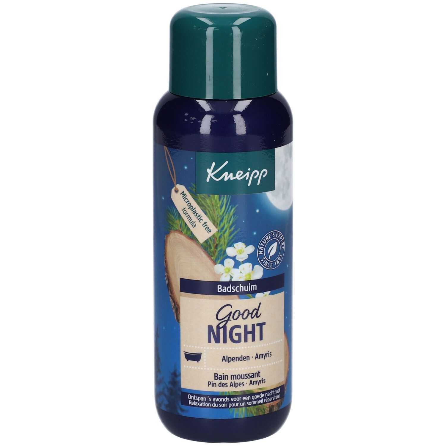 Blauwe fles met groene dop. Opschrift Kneipp, Good Night, Schuimbad. Illustraties van maan, boomstam en bloemen.