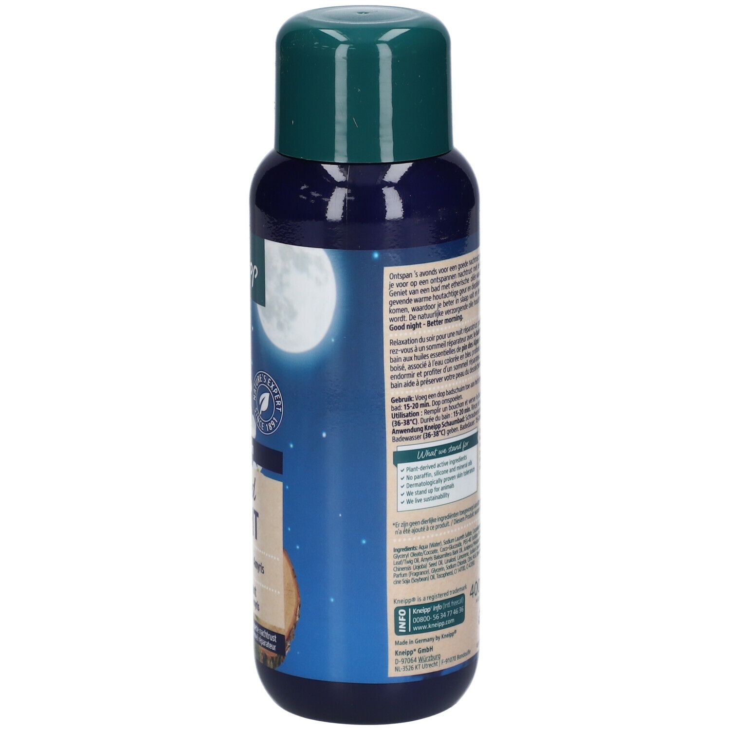 Blauwe fles met groene dop. Achterkant met tekst, maan-illustratie en Kneipp-logo. Vegan-label.