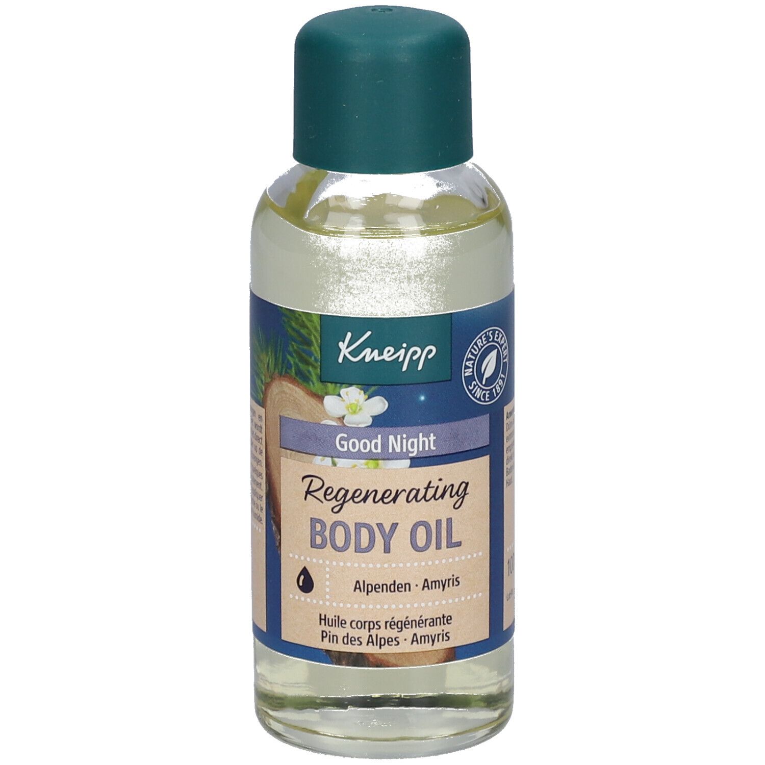 Kneipp Good Night huidolie fles. Groene dop, blauw-witte etiketten. Tekst: Regenerating Body Oil, Alpen, Amyris.