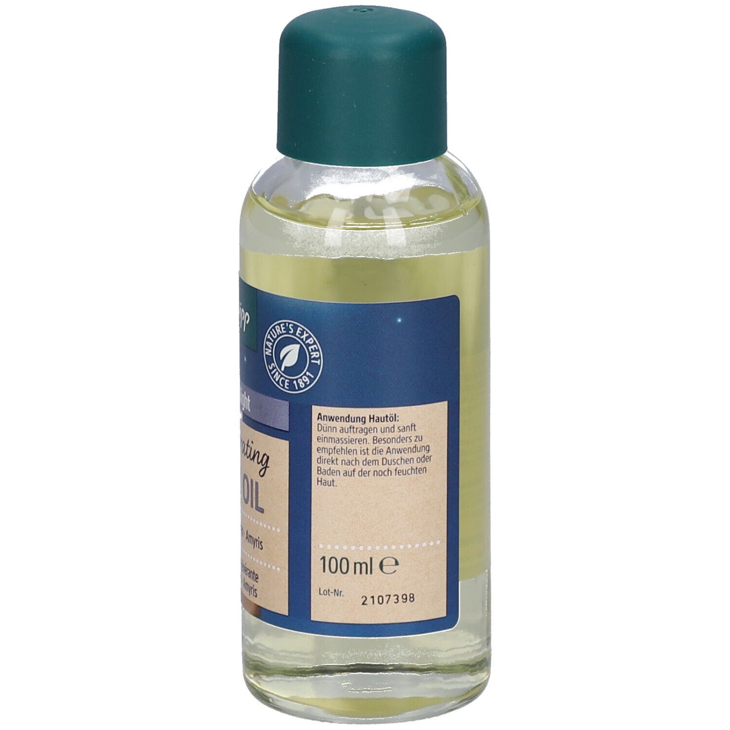 Achterkant van de Kneipp Good Night huidoliefles. Tekst: Gebruik, 100 ml, chargenummer.