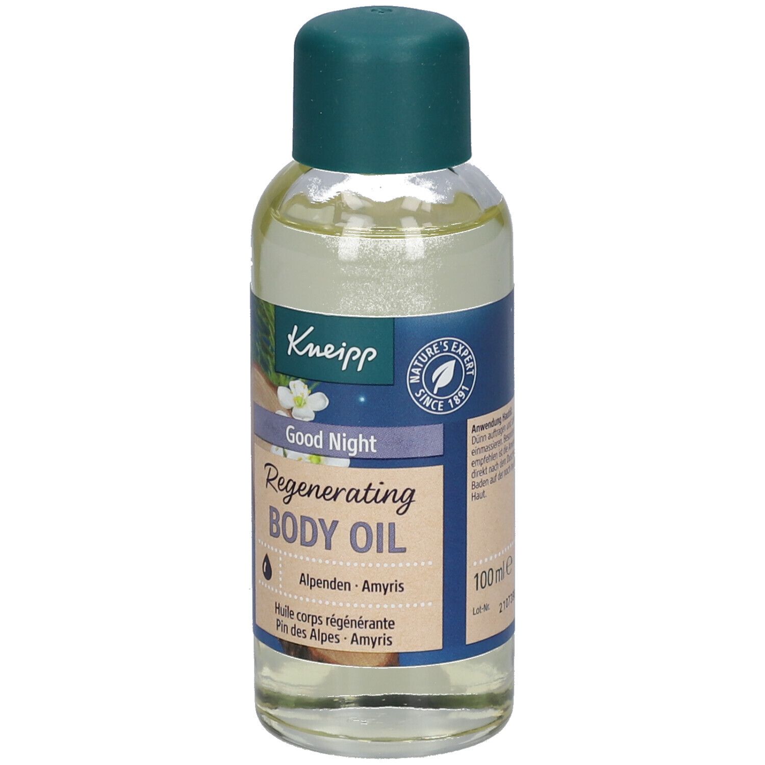 Kneipp Good Night huidoliefles. Groene dop, blauw-witte etiketten. Tekst: Regenerating Body Oil, Alpen, Amyris, 100 ml.