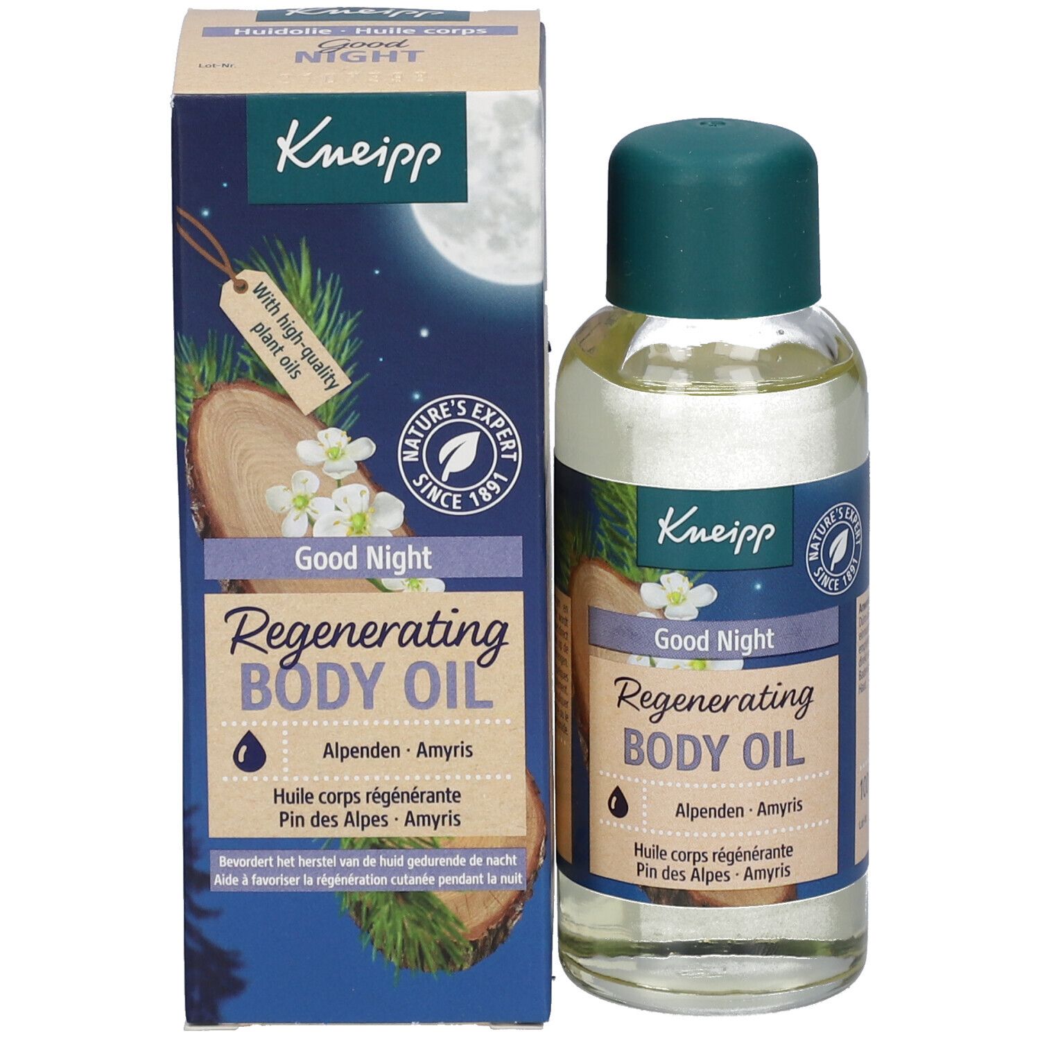 Kneipp Good Night huidoliefles en verpakking. Fles met groene dop. Verpakking met tekst en logo.