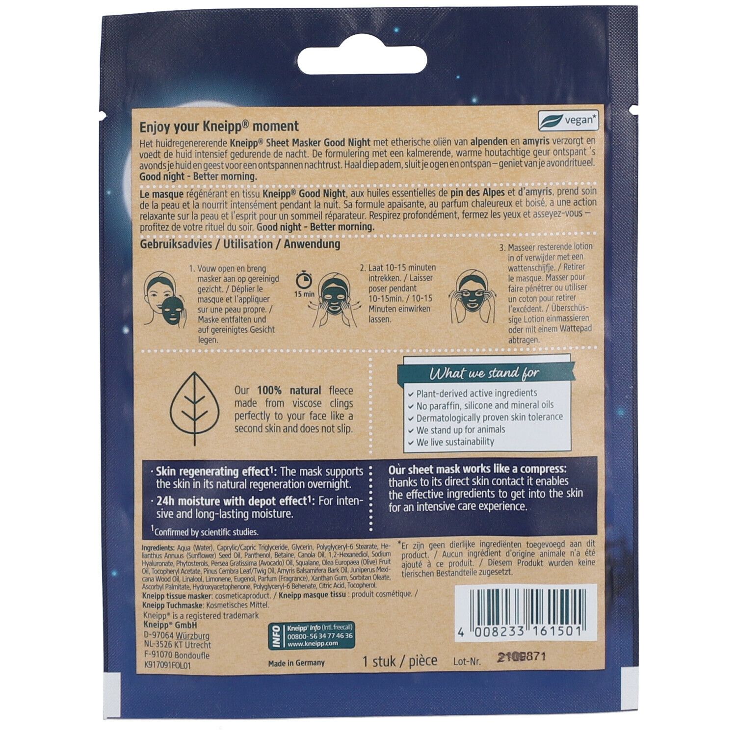 Kneipp Sheet Mask Good Night. Verpakking met productinfo en instructies. Vegan-keurmerk.