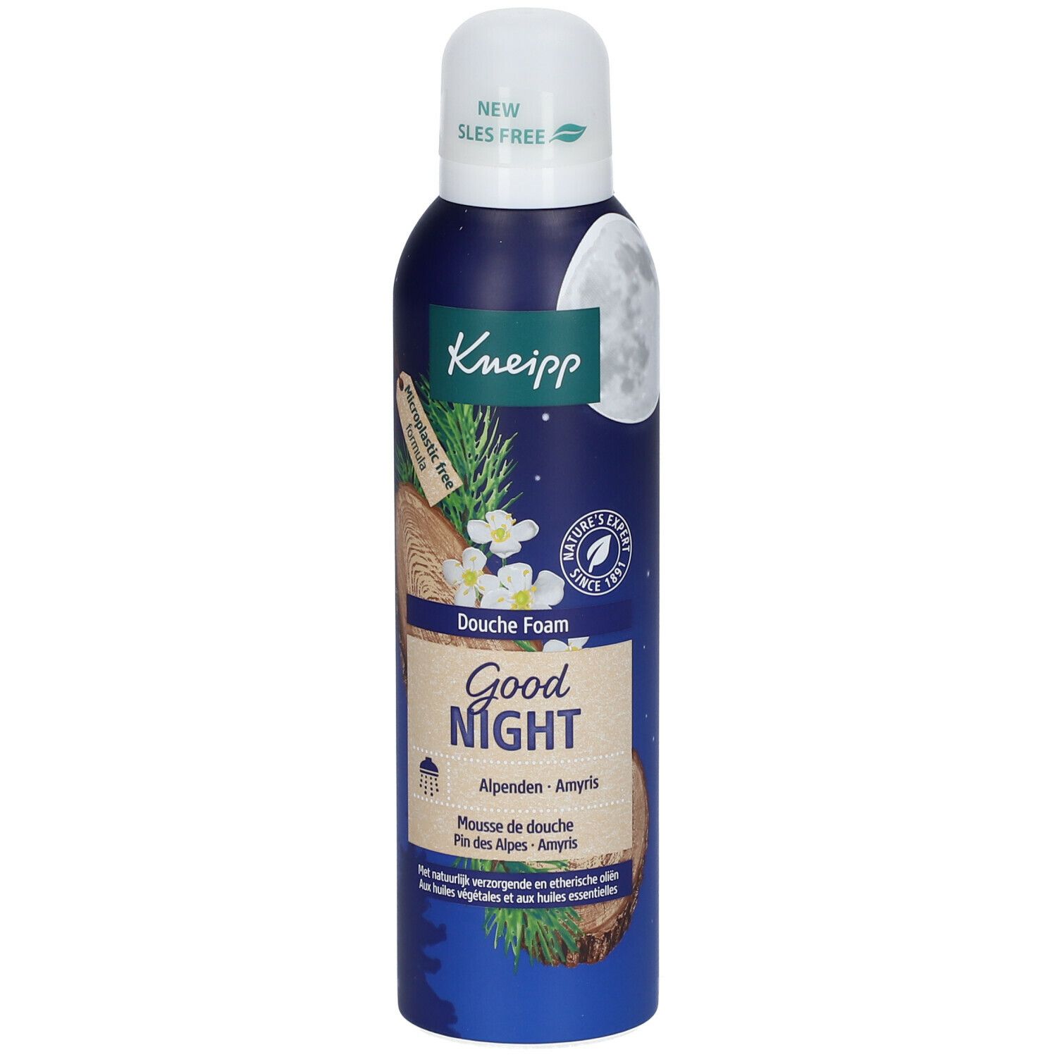 Doucheschuimfles met 'Good Night', maan- en plantillustraties. 'Kneipp' logo zichtbaar.