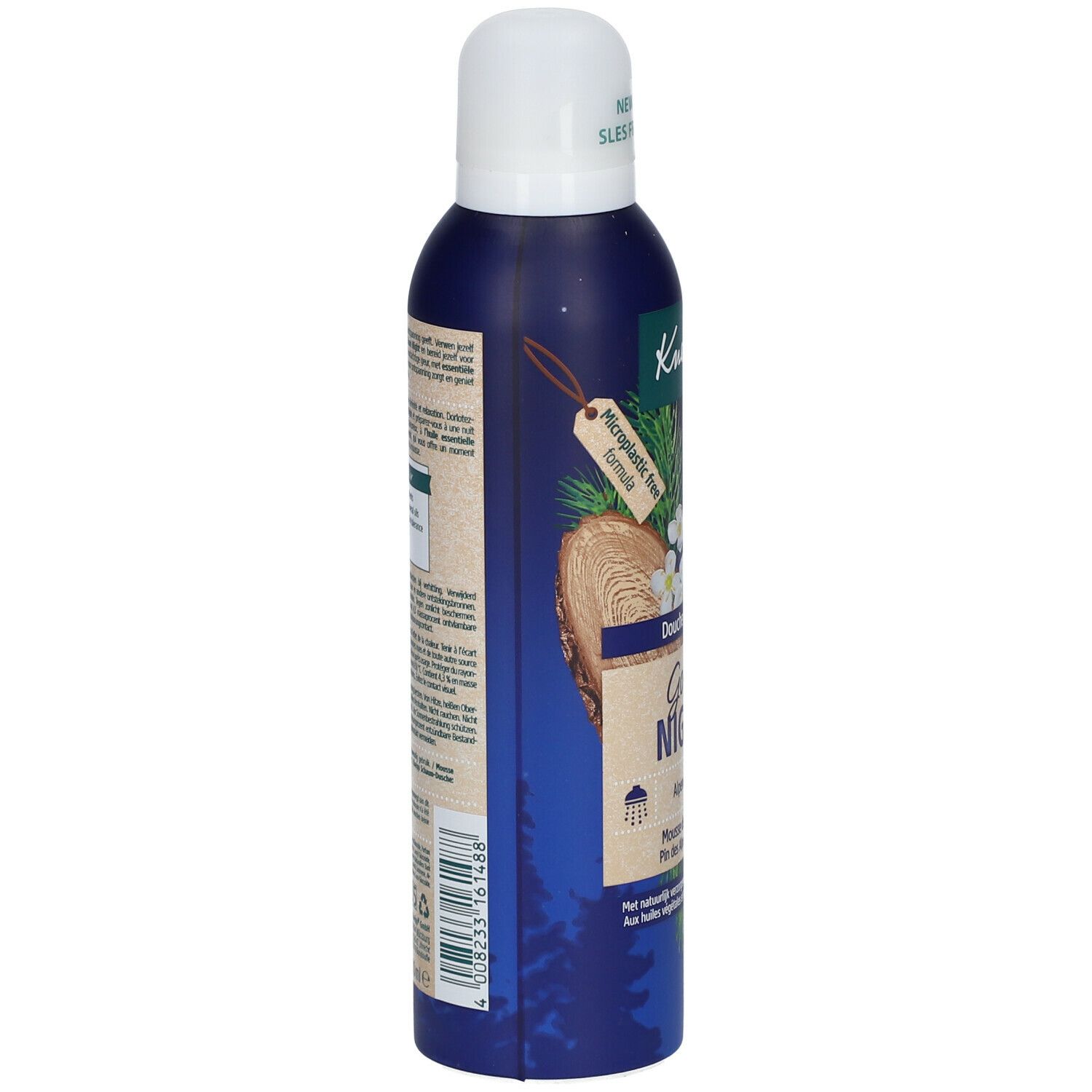 Doucheschuimfles, zijaanzicht. Tekst en logo 'Kneipp' zichtbaar. Label 'Microplastic free formula'.