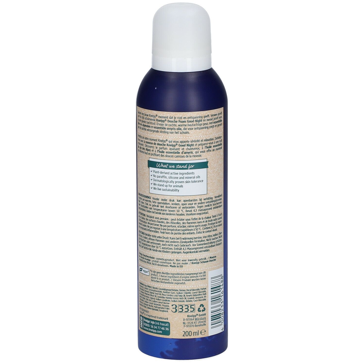 Achterkant van de doucheschuimfles. Tekstinformatie, barcode en '200ml' indicatie. 'Kneipp' logo.