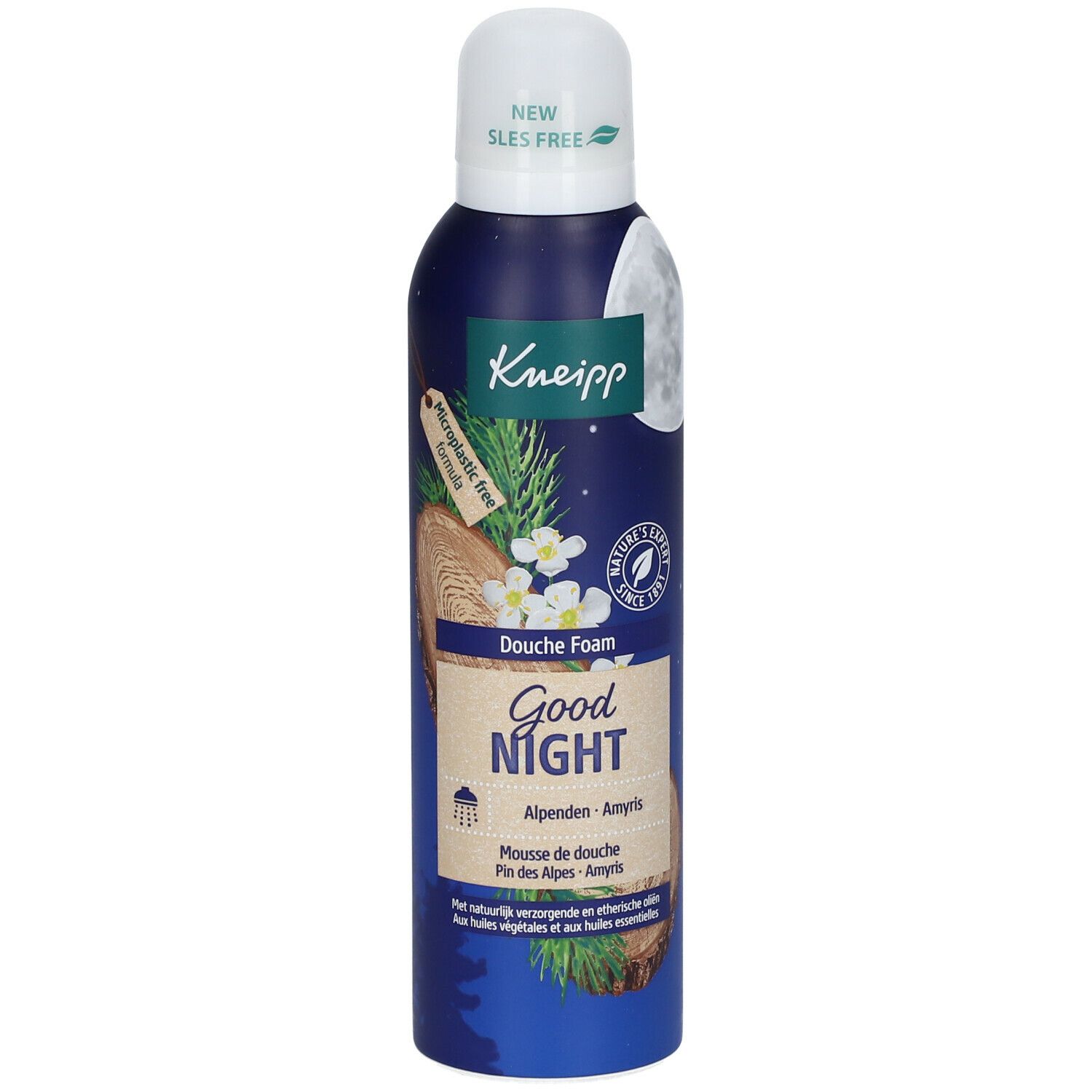 Doucheschuimfles met 'Good Night', maan- en plantillustraties. 'Kneipp' logo zichtbaar.