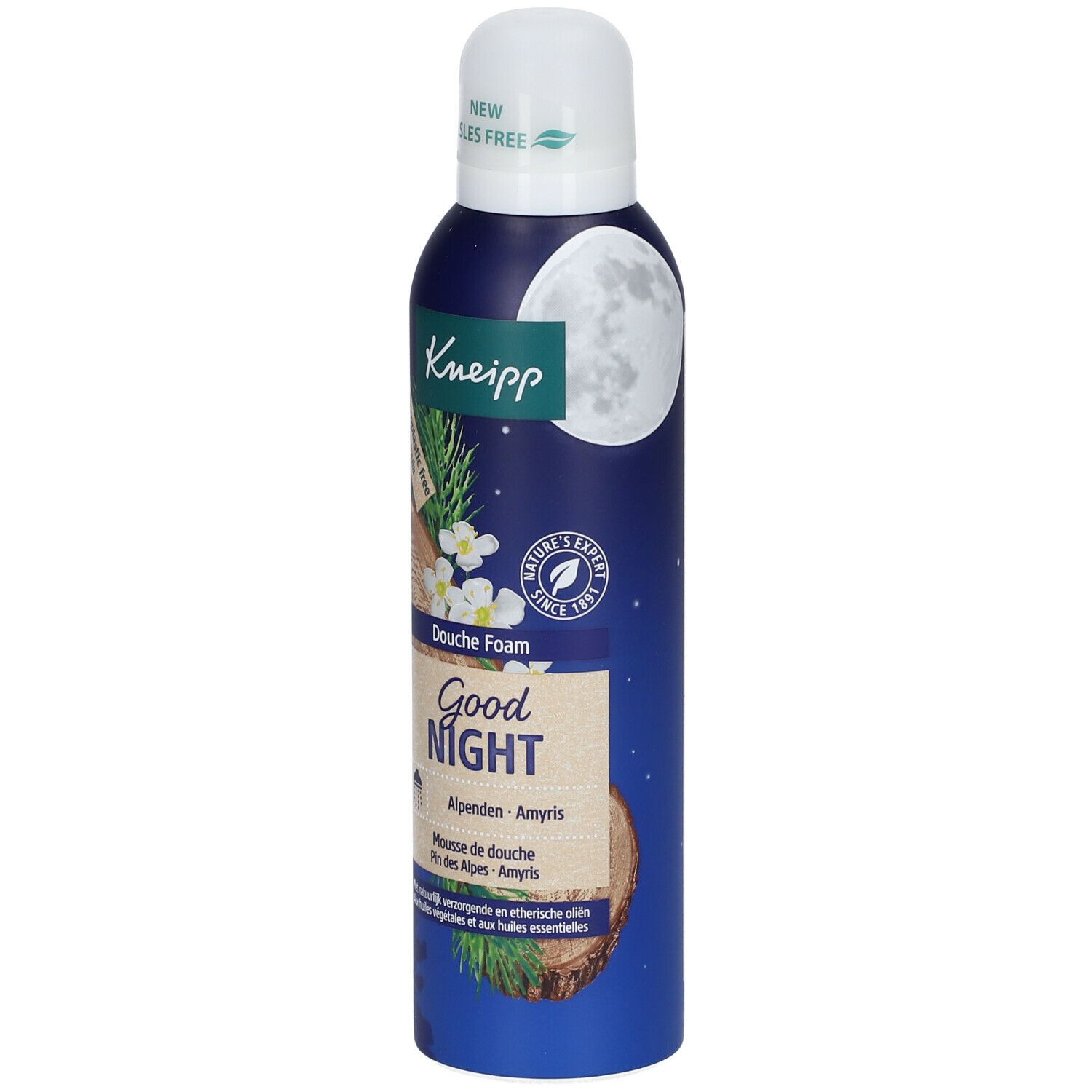 Doucheschuimfles met 'Good Night', maan- en plantillustraties. 'Kneipp' logo zichtbaar.