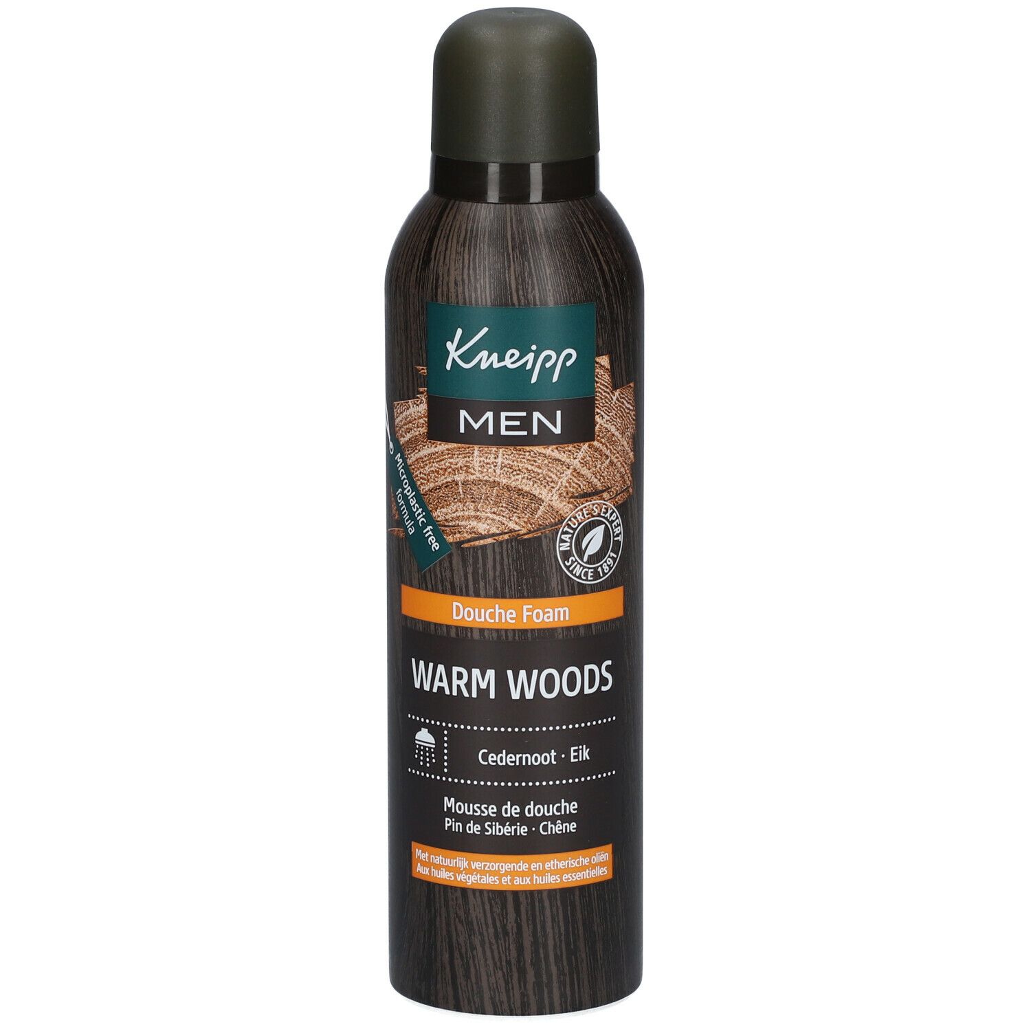 Kneipp MEN douche foam fles. Tekst: Warm Woods, Ceder-Eik, Mousse de douche. Donkerbruine fles met groene dop.