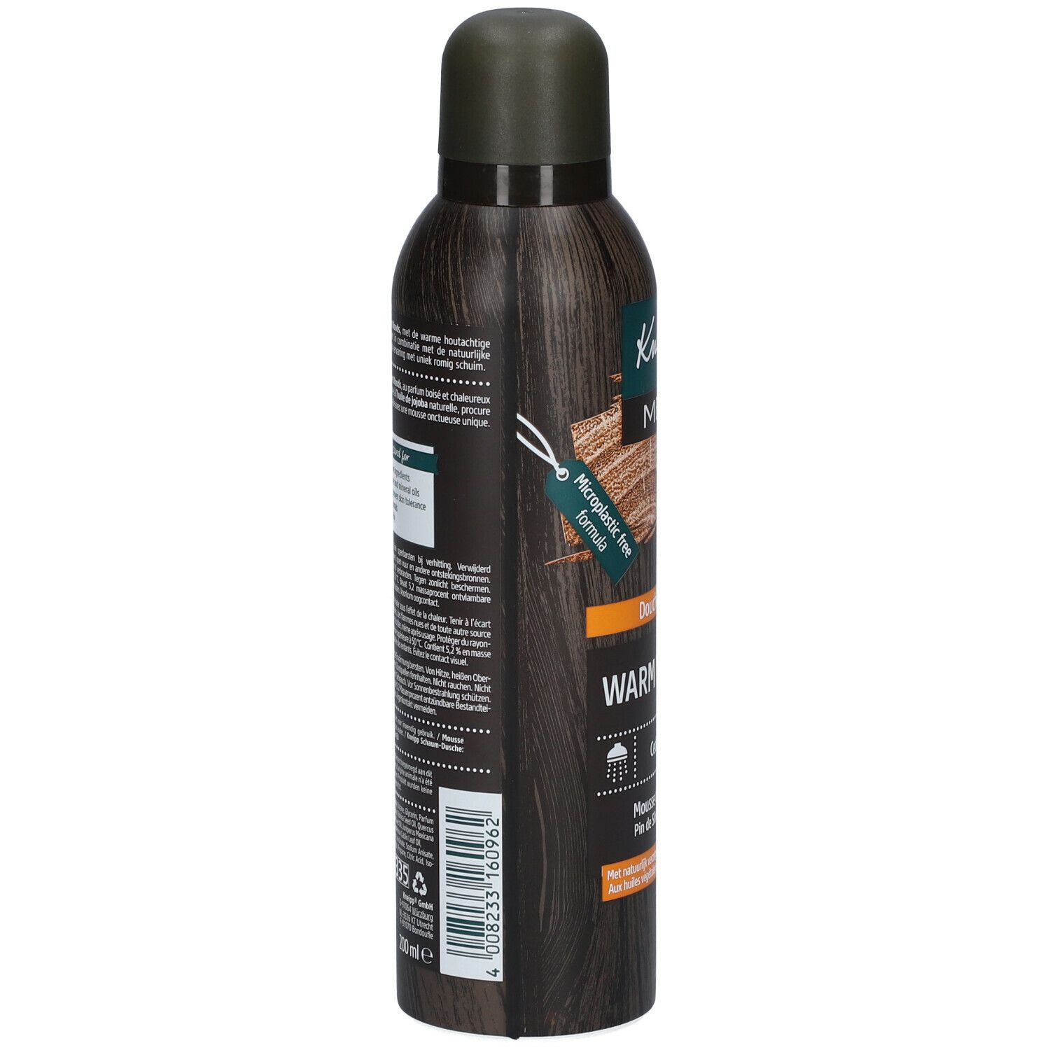 Donkerbruine douche foam fles met tekst. Kneipp MEN, Warm Woods. Microplastic-vrij. Achterkant met tekst en barcode.