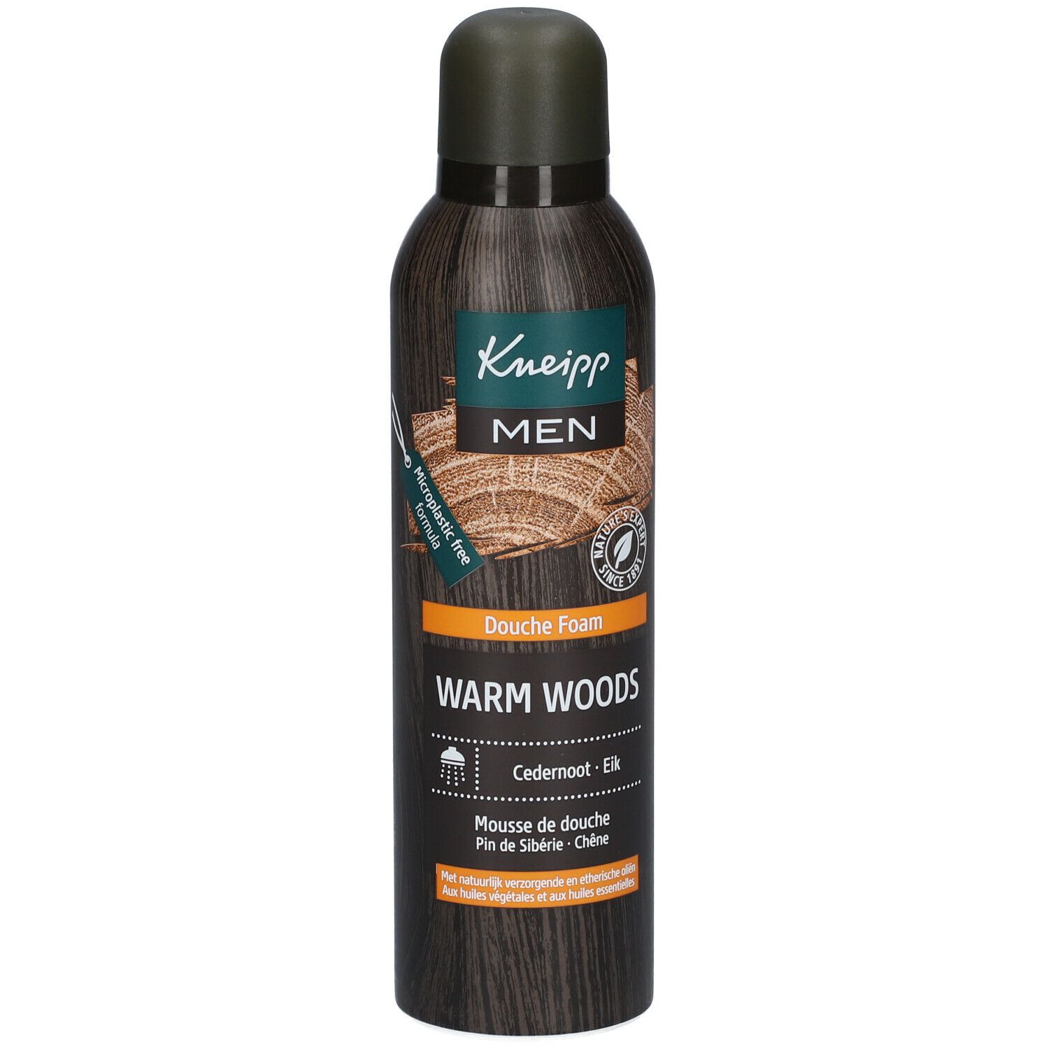 Kneipp MEN douche foam fles. Tekst: Warm Woods, Ceder-Eik, Mousse de douche. Donkerbruine fles met groene dop.