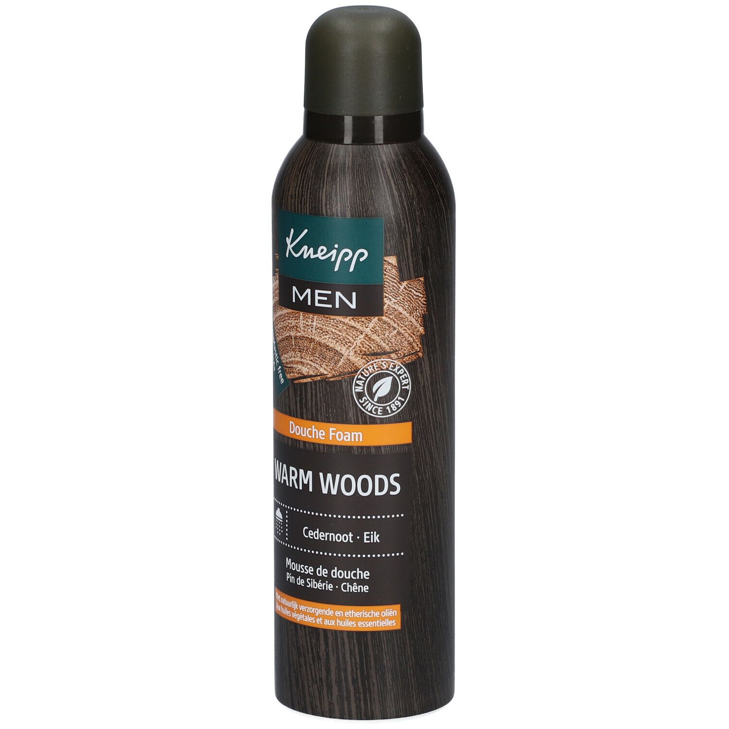 Kneipp MEN douche foam fles. Tekst: Warm Woods, Ceder-Eik, Mousse de douche. Donkerbruine fles met groene dop.