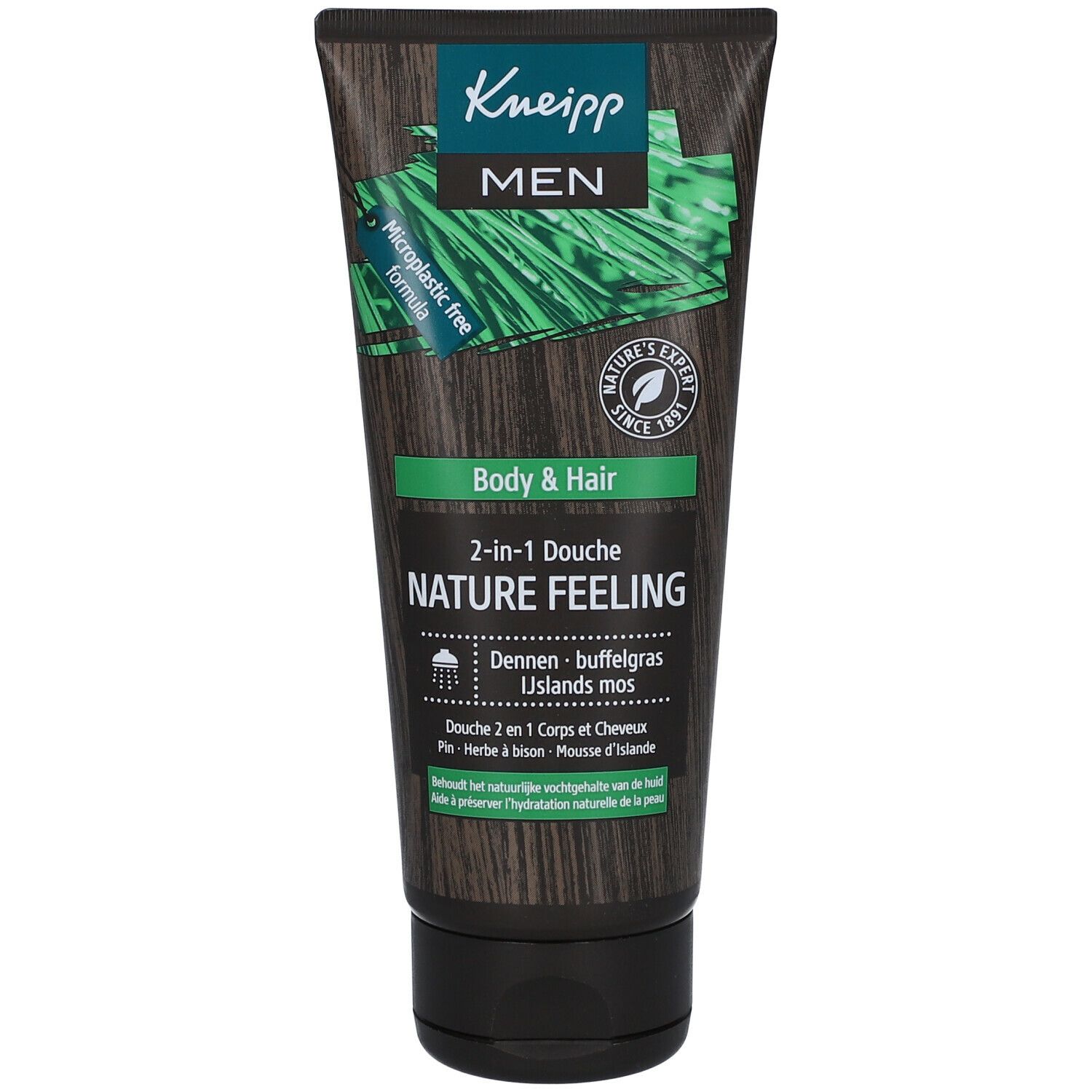 Kneipp Men 2-in-1 Douche tube. Zwart met groene accenten. Tekst: Body & Hair, Nature Feeling. Logo: Nature's Expert. Microplastic-vrij.