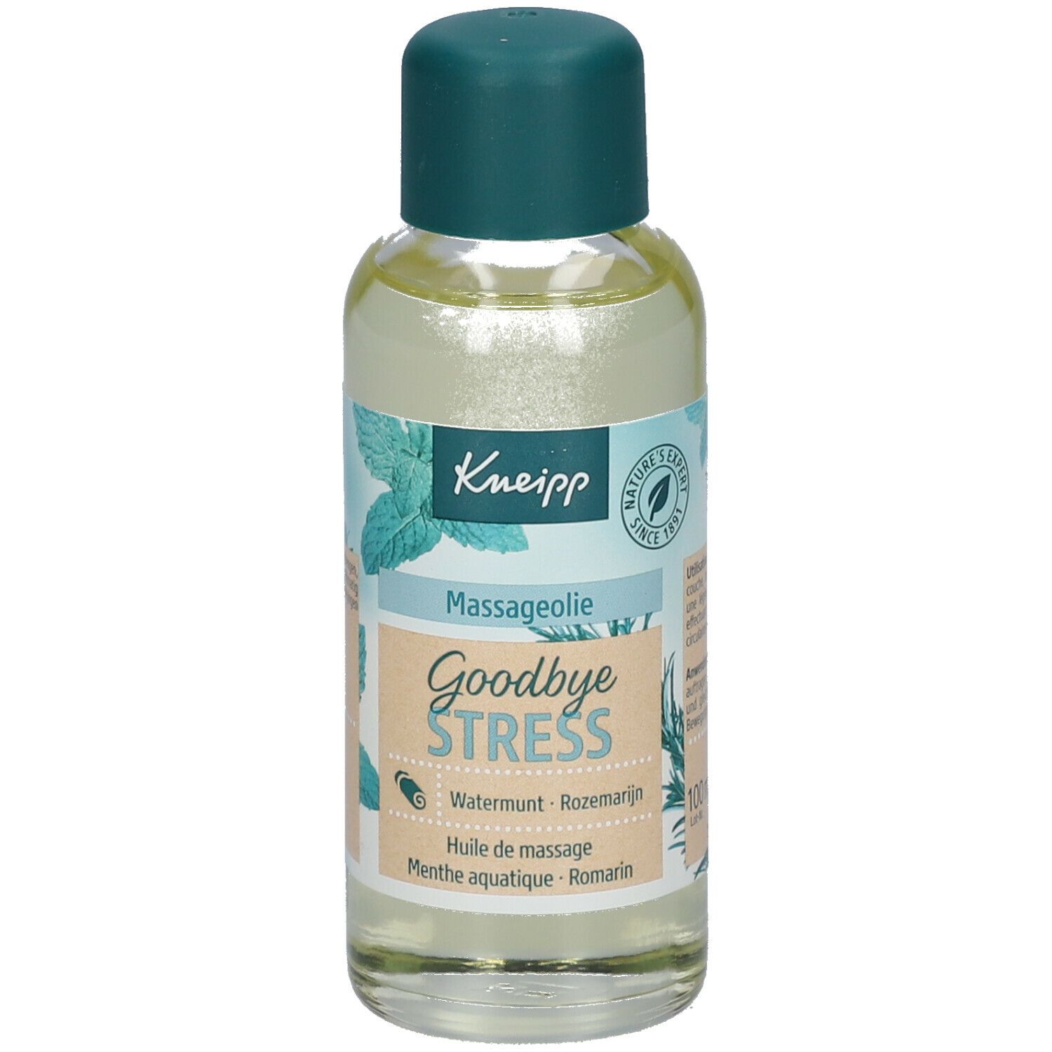 Kneipp massageolie fles, groen-wit etiket, tekst 'Goodbye Stress'.