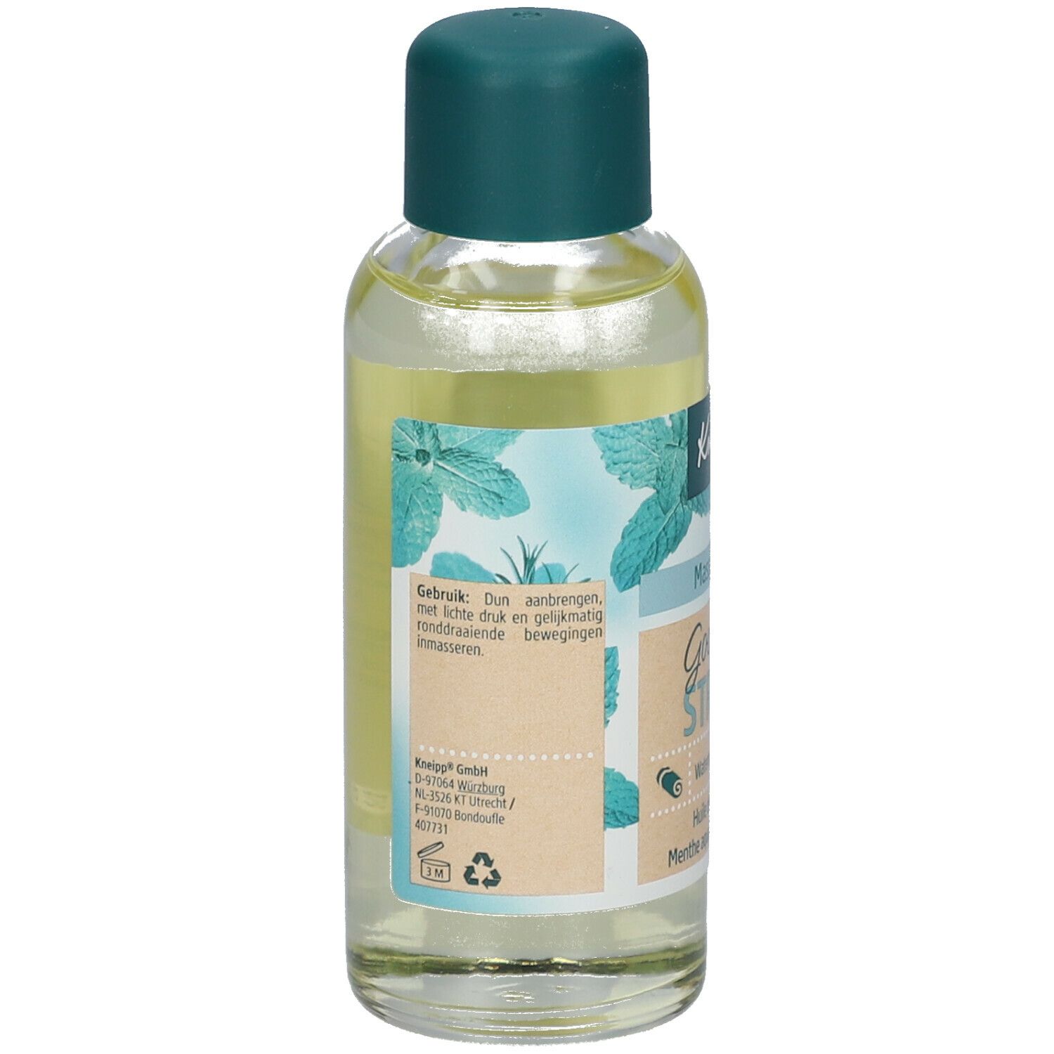 Achterkant van de Kneipp massageoliefles, etiket met gebruiksaanwijzing.
