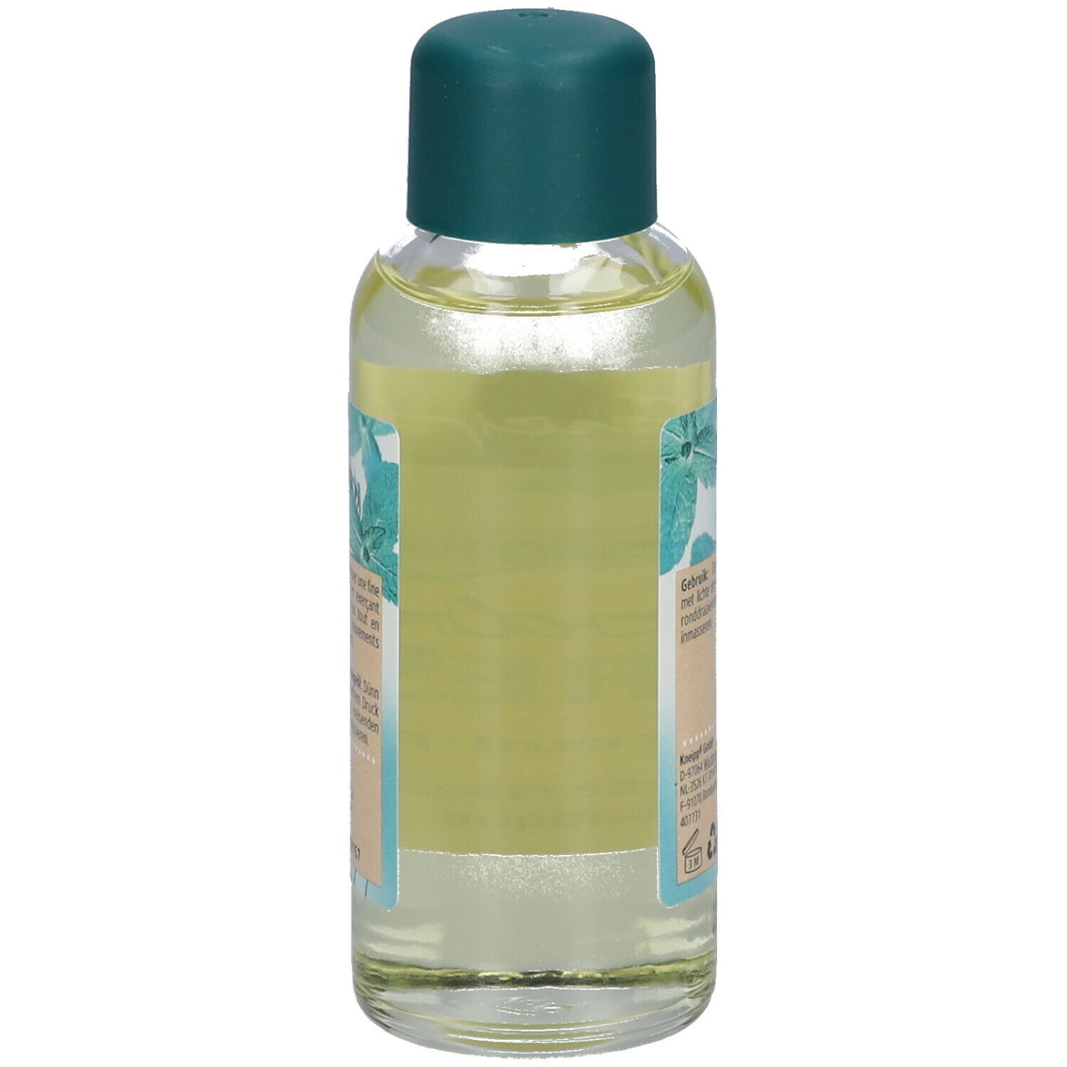 Achteraanzicht van de Kneipp massageoliefles, etiket met ingrediënten en fabrikant.