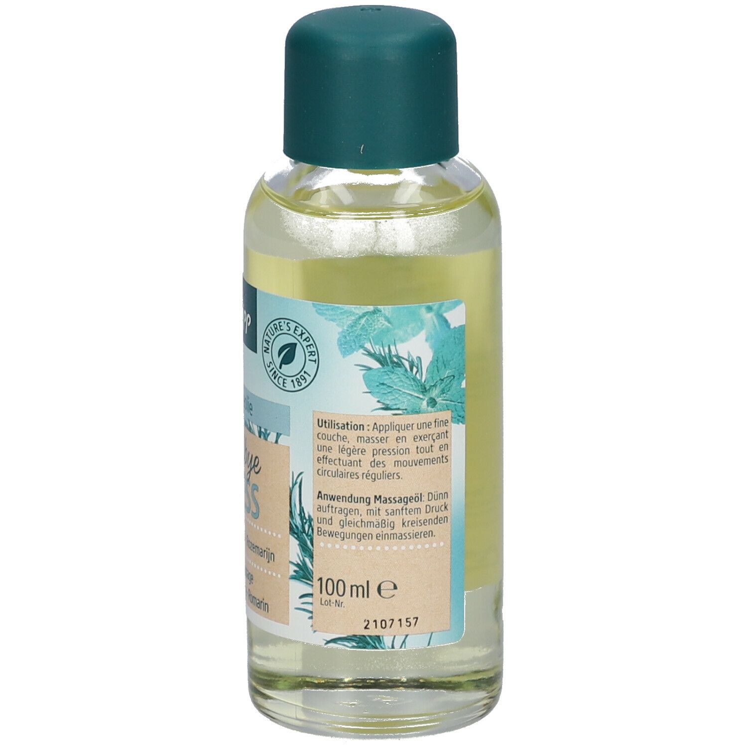 Kneipp massageoliefles, etiket met gebruiksaanwijzing en volume-aanduiding.