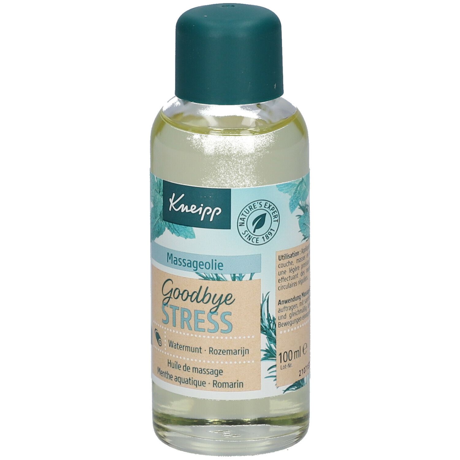 Kneipp massageoliefles, etiket met productnaam en ingrediënten.