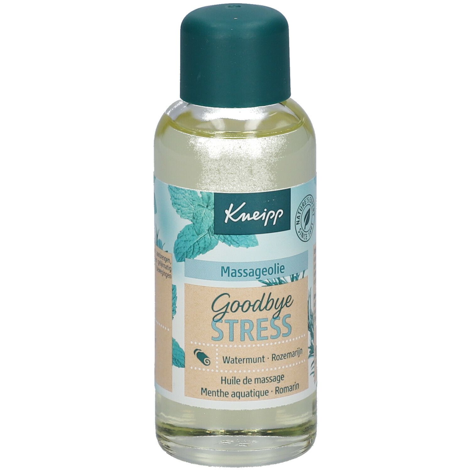Kneipp massageoliefles, etiket met productnaam en logo.