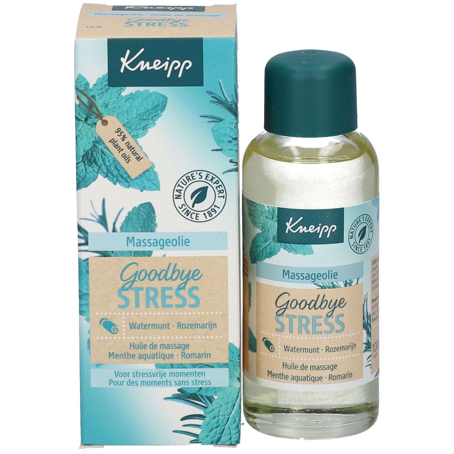 Kneipp massageoliefles met verpakking, etiket met productinformatie.