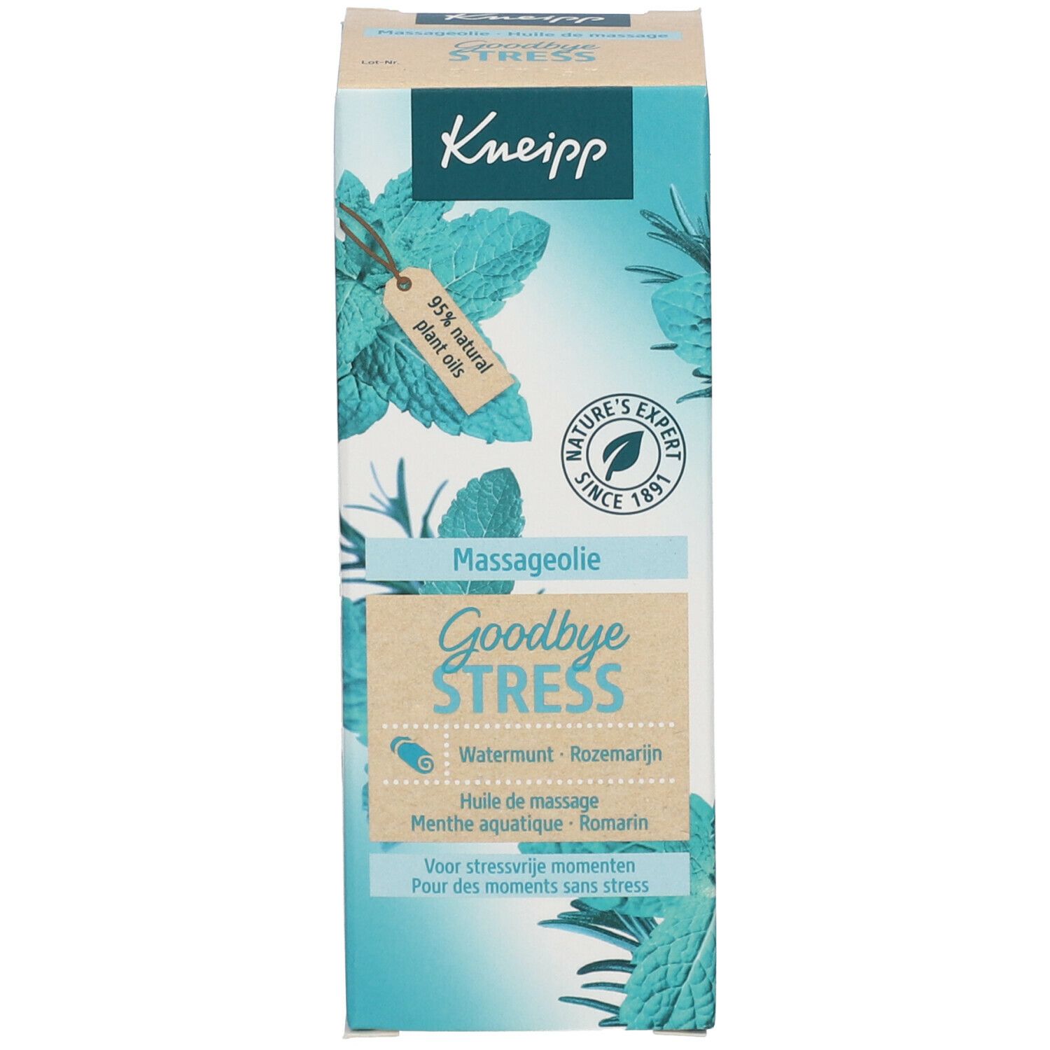 Kneipp massageolie verpakking, etiket met productinformatie en logo.