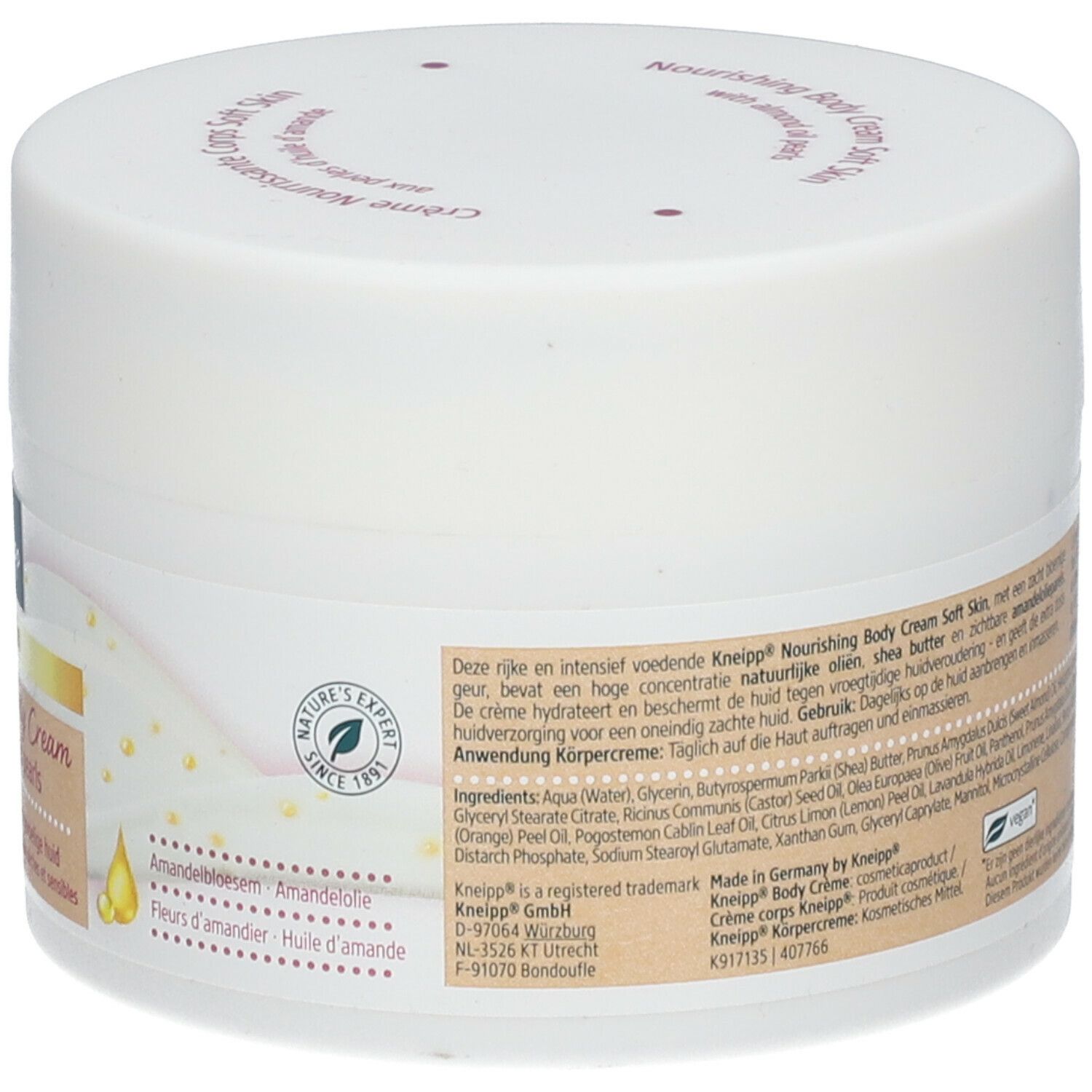 Witte pot, zijaanzicht. Etiket met tekst, ingrediënten en bloemmotief. 'Nature's Expert' logo.