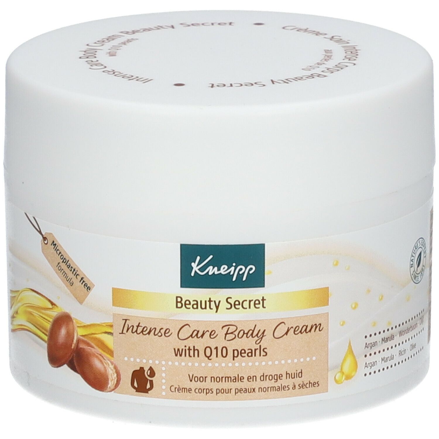 Witte pot Kneipp Beauty Secret Intense Care Body Cream. Opschrift Q10 Pearls, microplasticavrij.