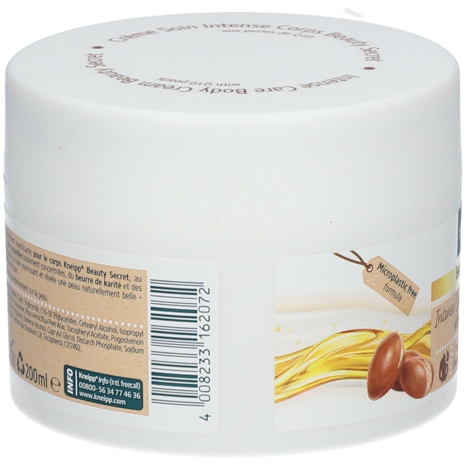 Witte pot Kneipp Beauty Secret Intense Care Body Cream. Achterkant met tekst en ingrediënten. Microplasticavrij.