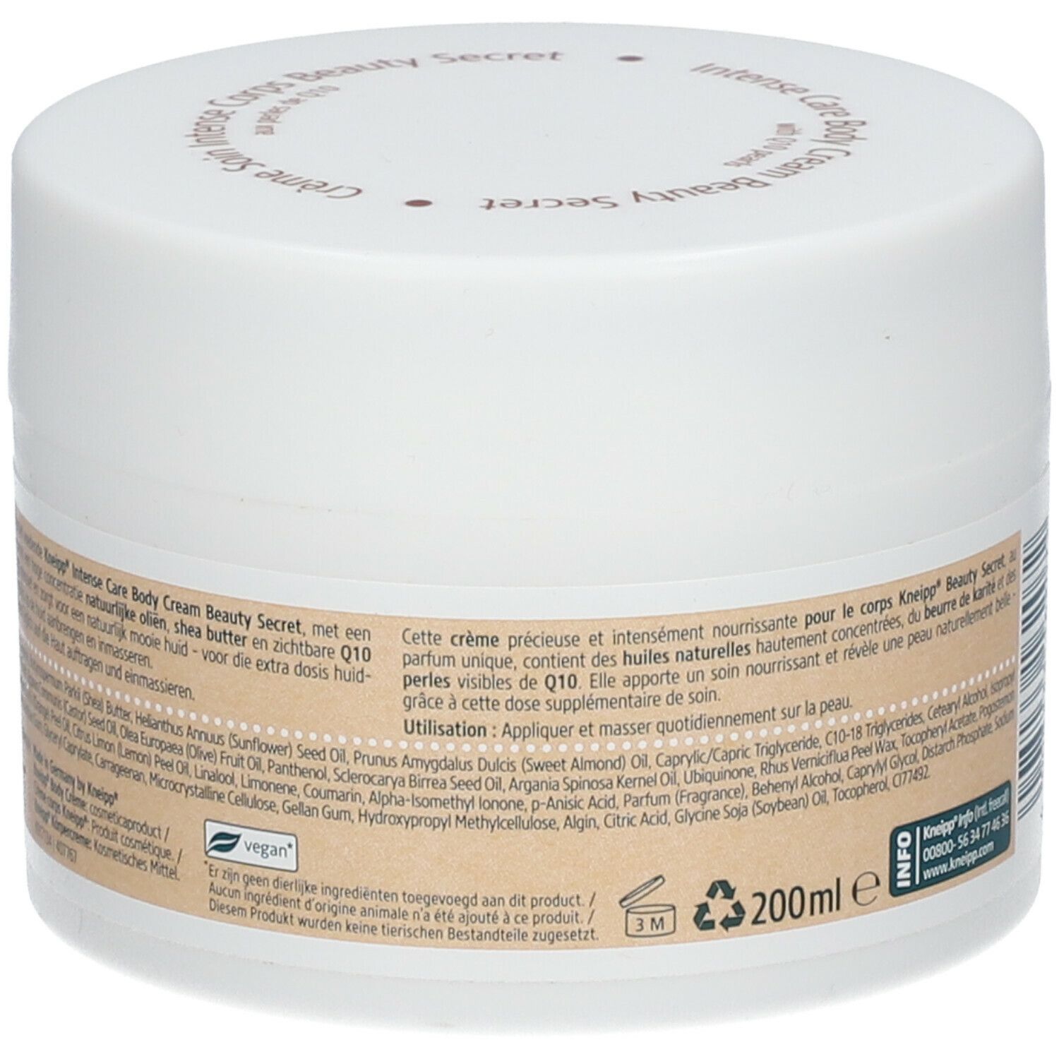 Witte pot Kneipp Beauty Secret Intense Care Body Cream. Achterkant met tekst, ingrediënten en Vegan-label.