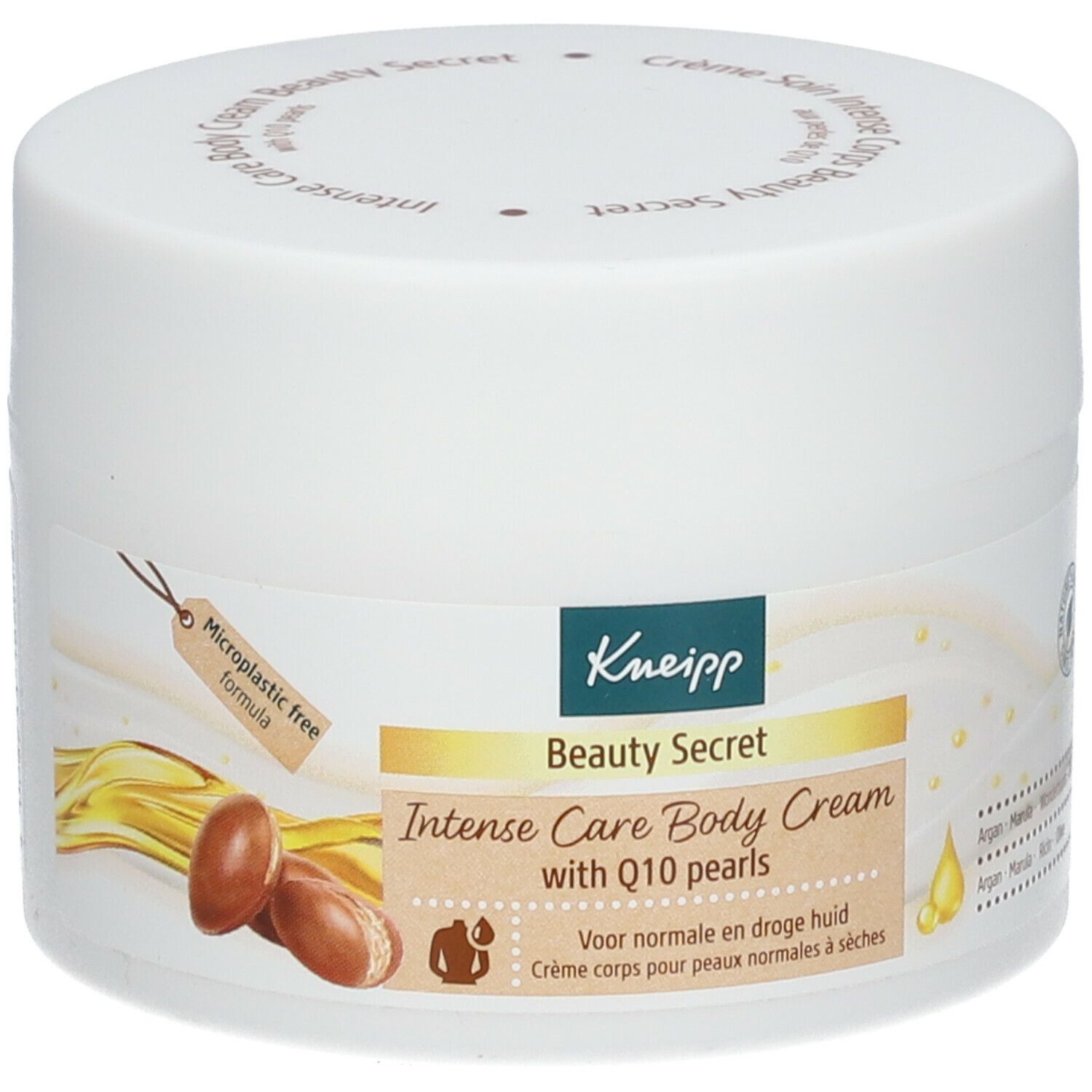 Witte pot Kneipp Beauty Secret Intense Care Body Cream. Opschrift Q10 Pearls, voor normale tot droge huid.