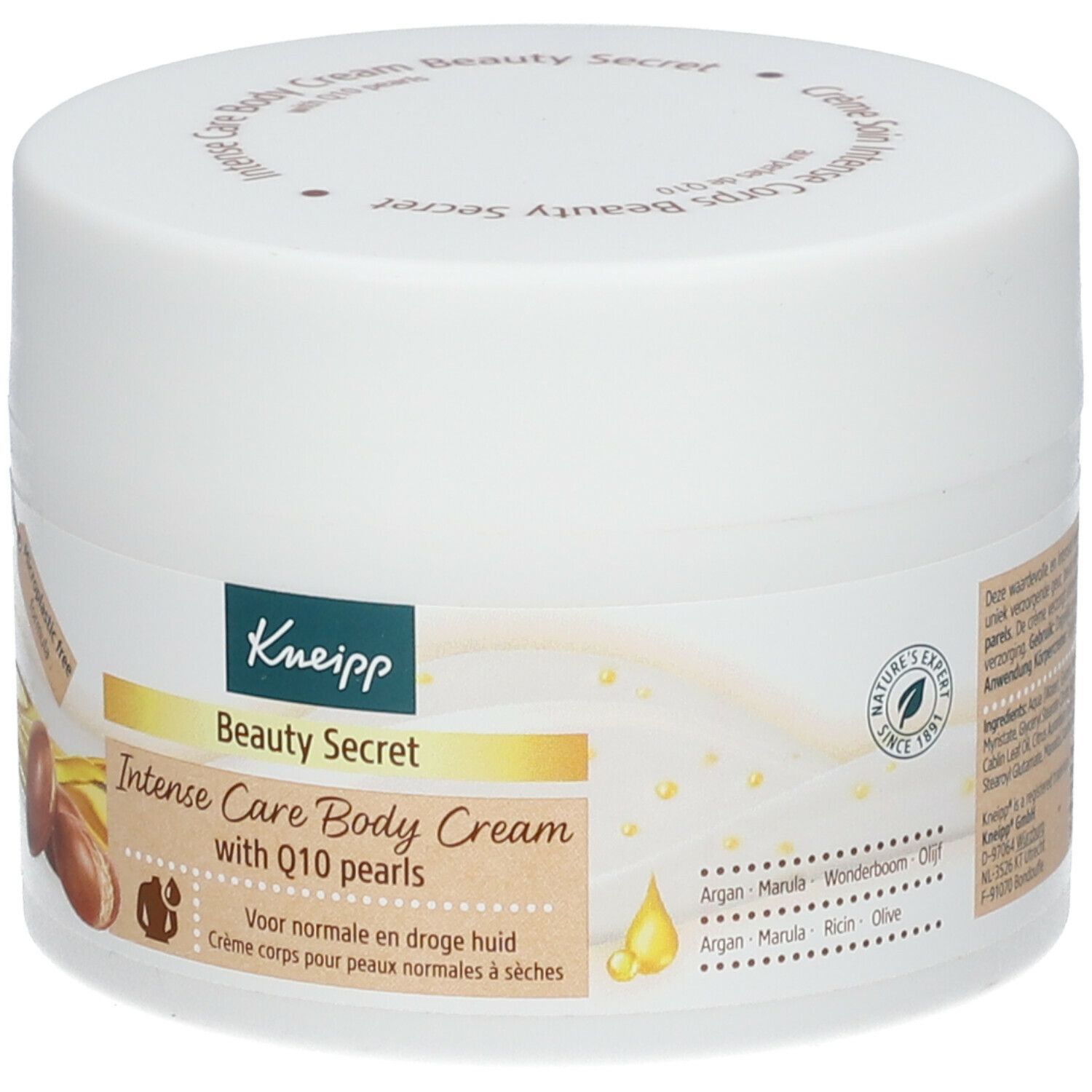 Witte pot Kneipp Beauty Secret Intense Care Body Cream. Opschrift Q10 Pearls, met Natuur-label.