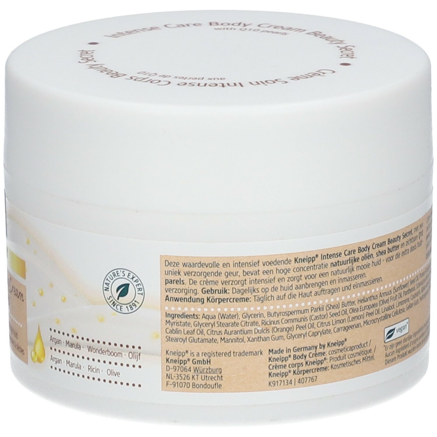 Witte pot Kneipp Beauty Secret Intense Care Body Cream. Achterkant met tekst, ingrediënten en Natuur-label.