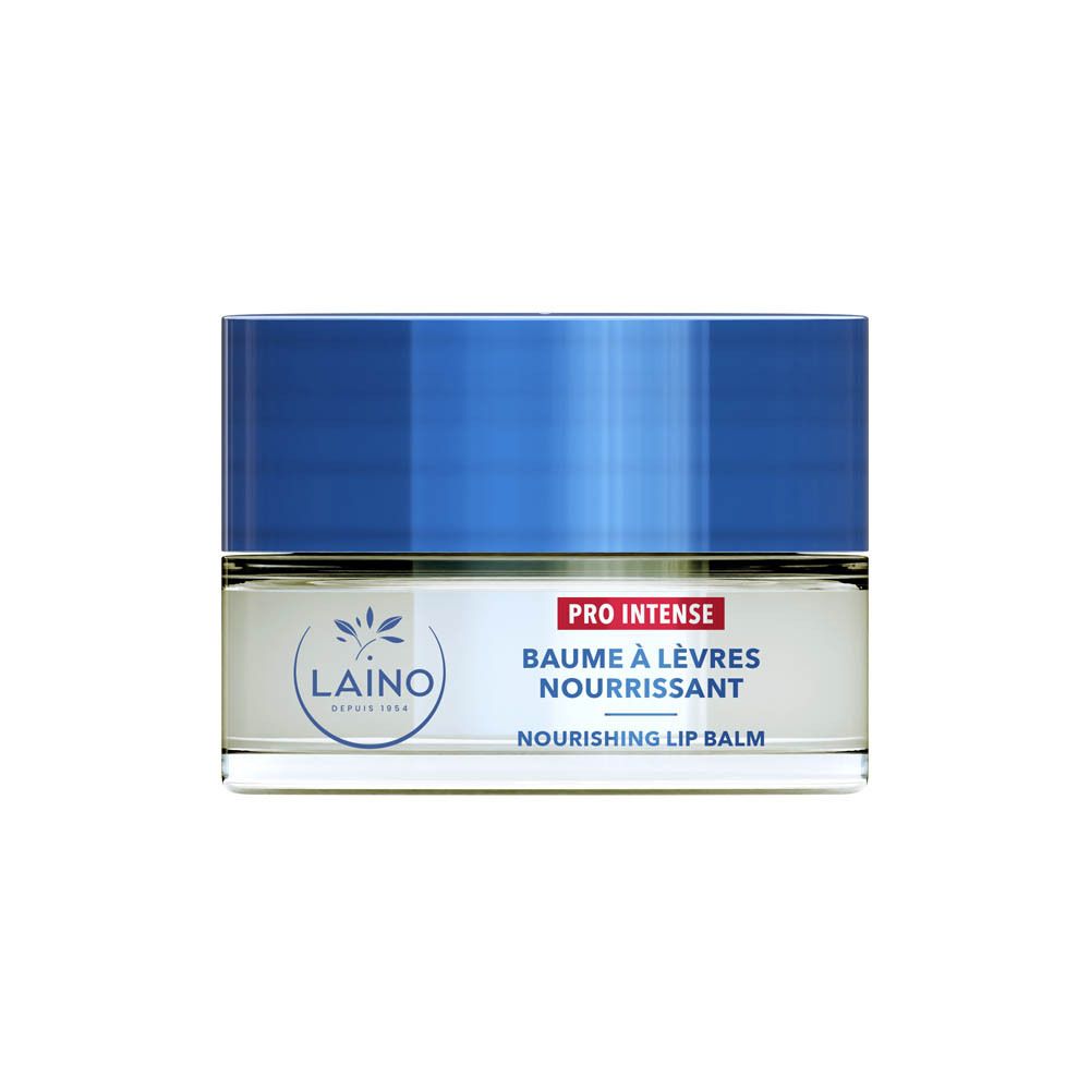 Pot de baume à lèvres rectangulaire avec couvercle bleu. Inscription : PRO INTENSE, Baume à lèvres nourrissant, Nourishing Lip Balm. Marque : Laino.