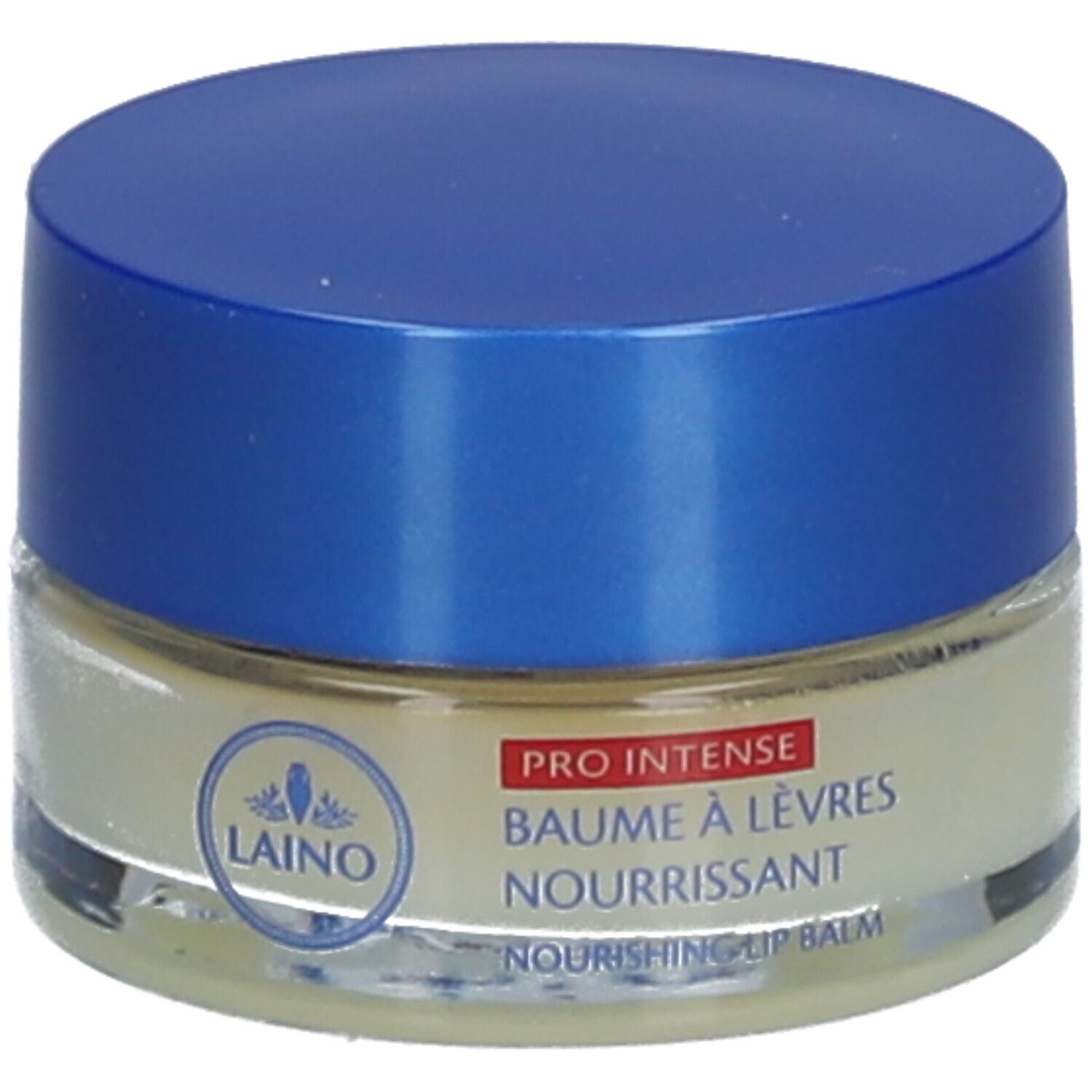 Pot de baume à lèvres avec couvercle bleu. Inscription : PRO INTENSE, Baume à lèvres nourrissant, Nourishing Lip Balm. Marque : Laino.