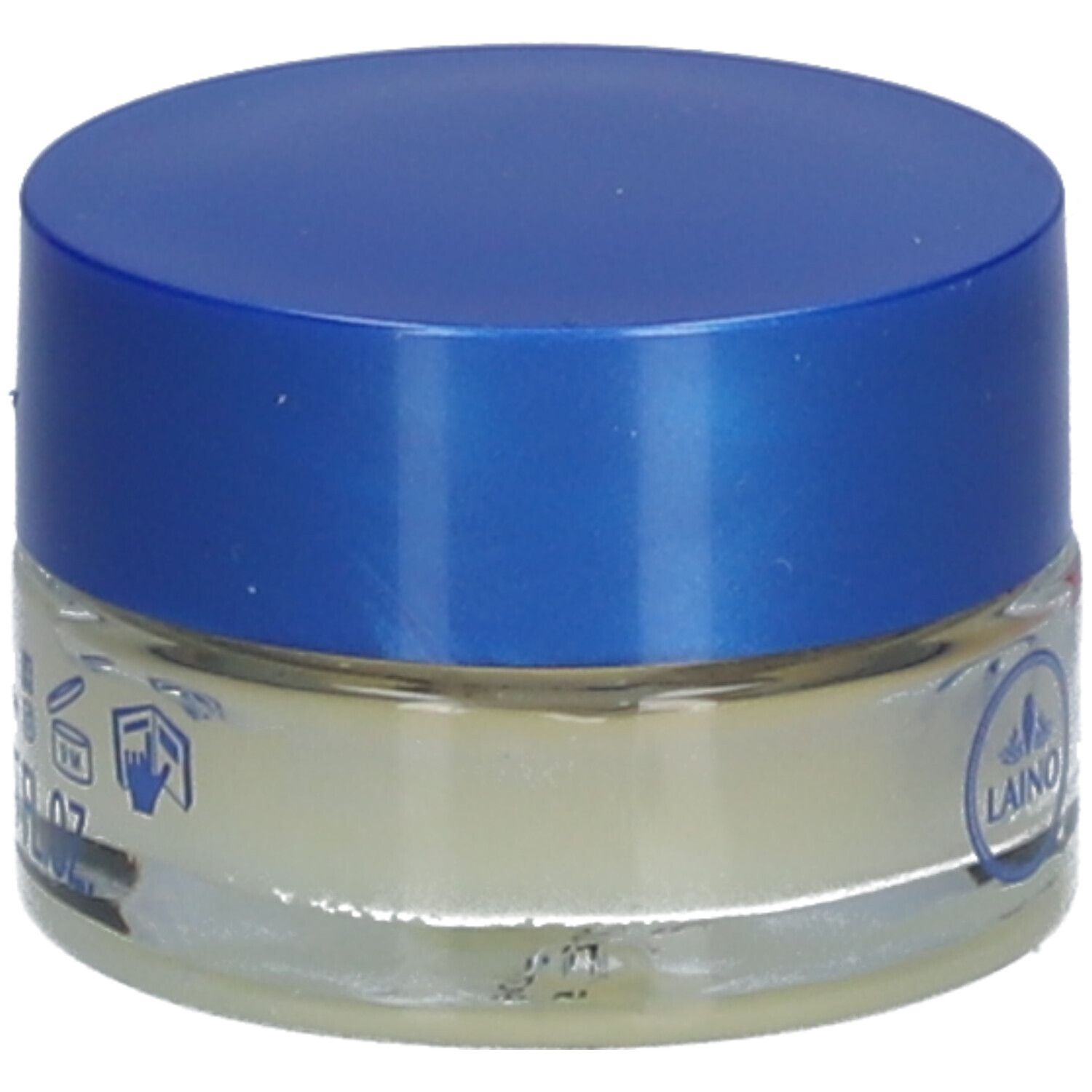 Pot de baume à lèvres avec couvercle bleu. Des symboles et le logo Laino sont visibles sur le verre.
