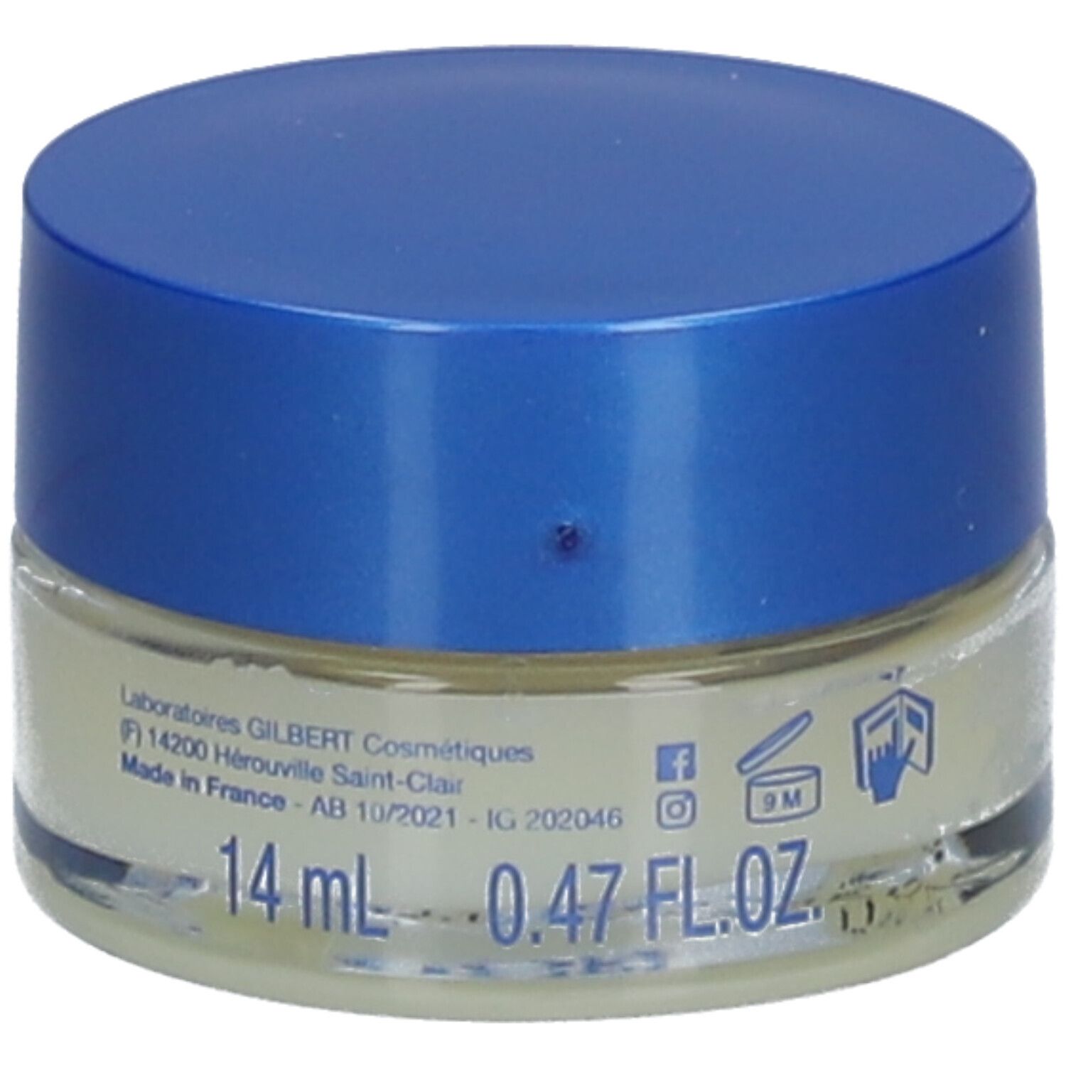 Pot de baume à lèvres avec couvercle bleu. Inscription : 14 ml - 0.47 FL.OZ. Informations et logo Laino sur le verre.