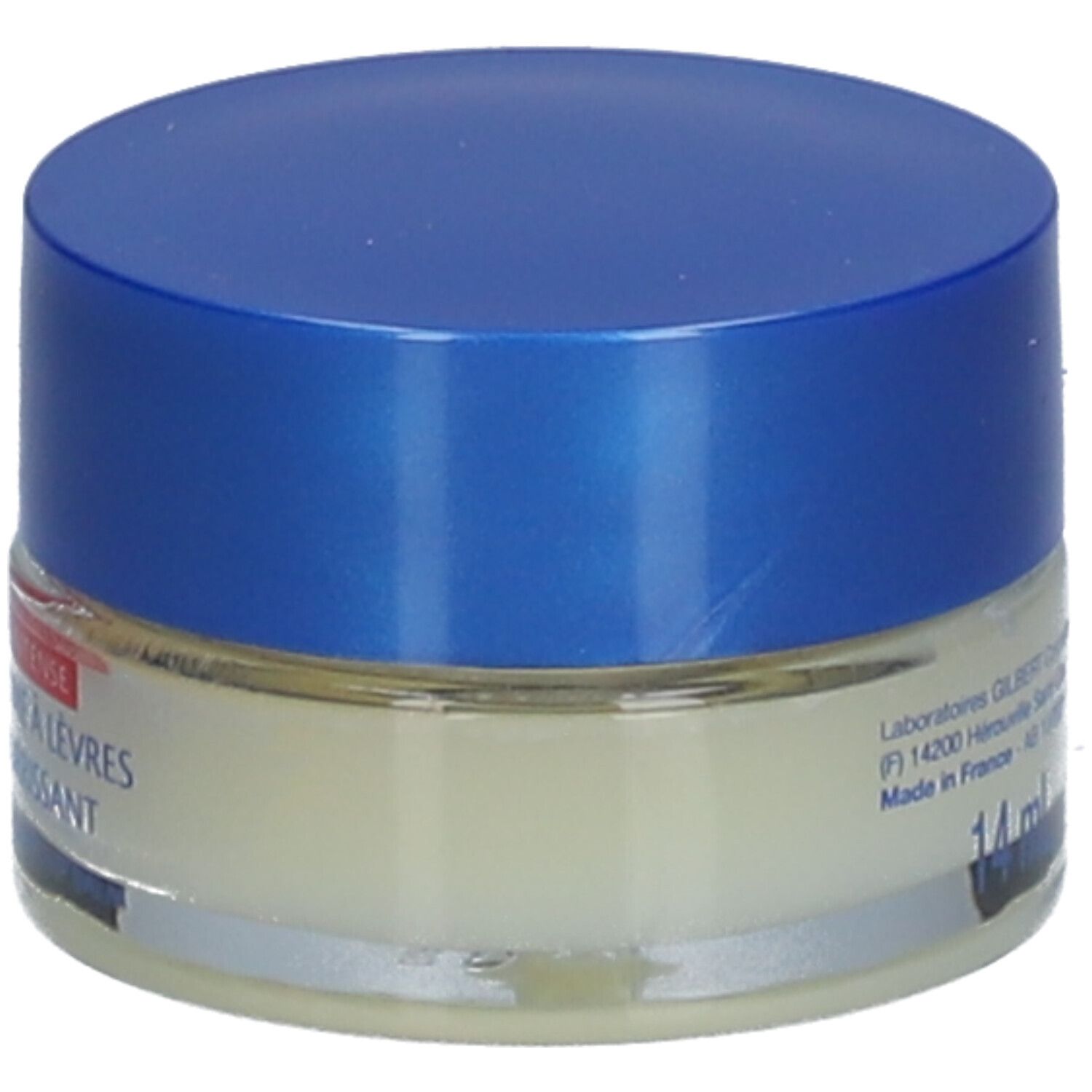 Pot de baume à lèvres avec couvercle bleu. Inscription : 14 ml. Informations et logo Laino sur le verre.