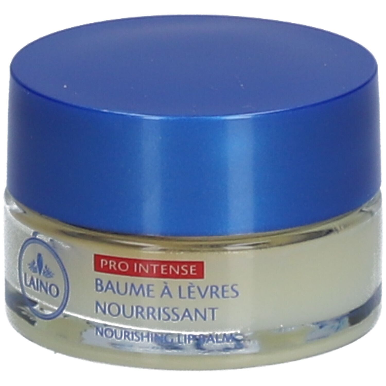 Pot de baume à lèvres avec couvercle bleu. Inscription : PRO INTENSE, Baume à lèvres nourrissant, Nourishing Lip Balm. Marque : Laino.