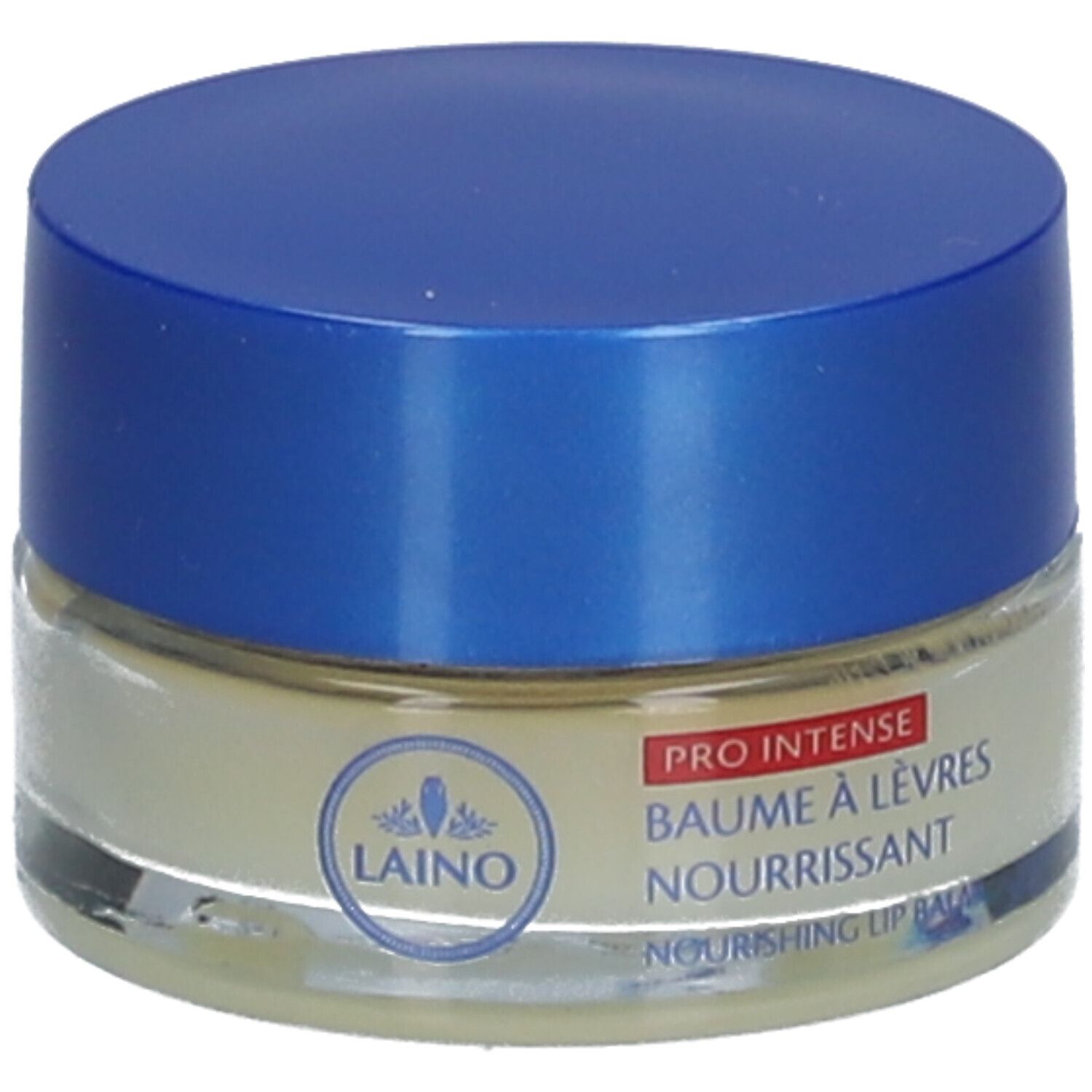 Pot de baume à lèvres avec couvercle bleu. Inscription : PRO INTENSE, Baume à lèvres nourrissant, Nourishing Lip Balm. Marque : Laino.